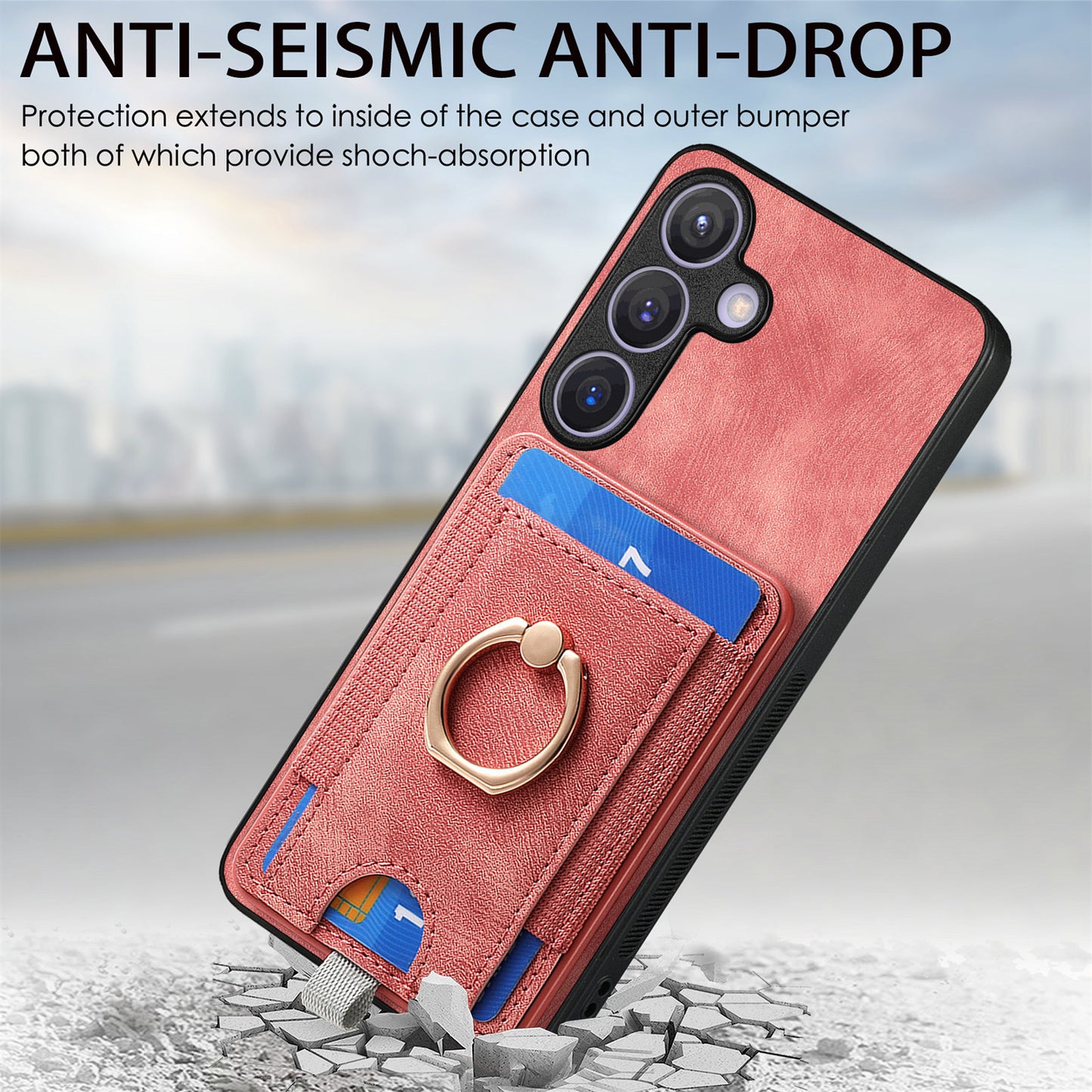 D7 For Samsung Galaxy S24 Kickstand Case Detachable Magnetic Card Holder Phone Cover - Pink