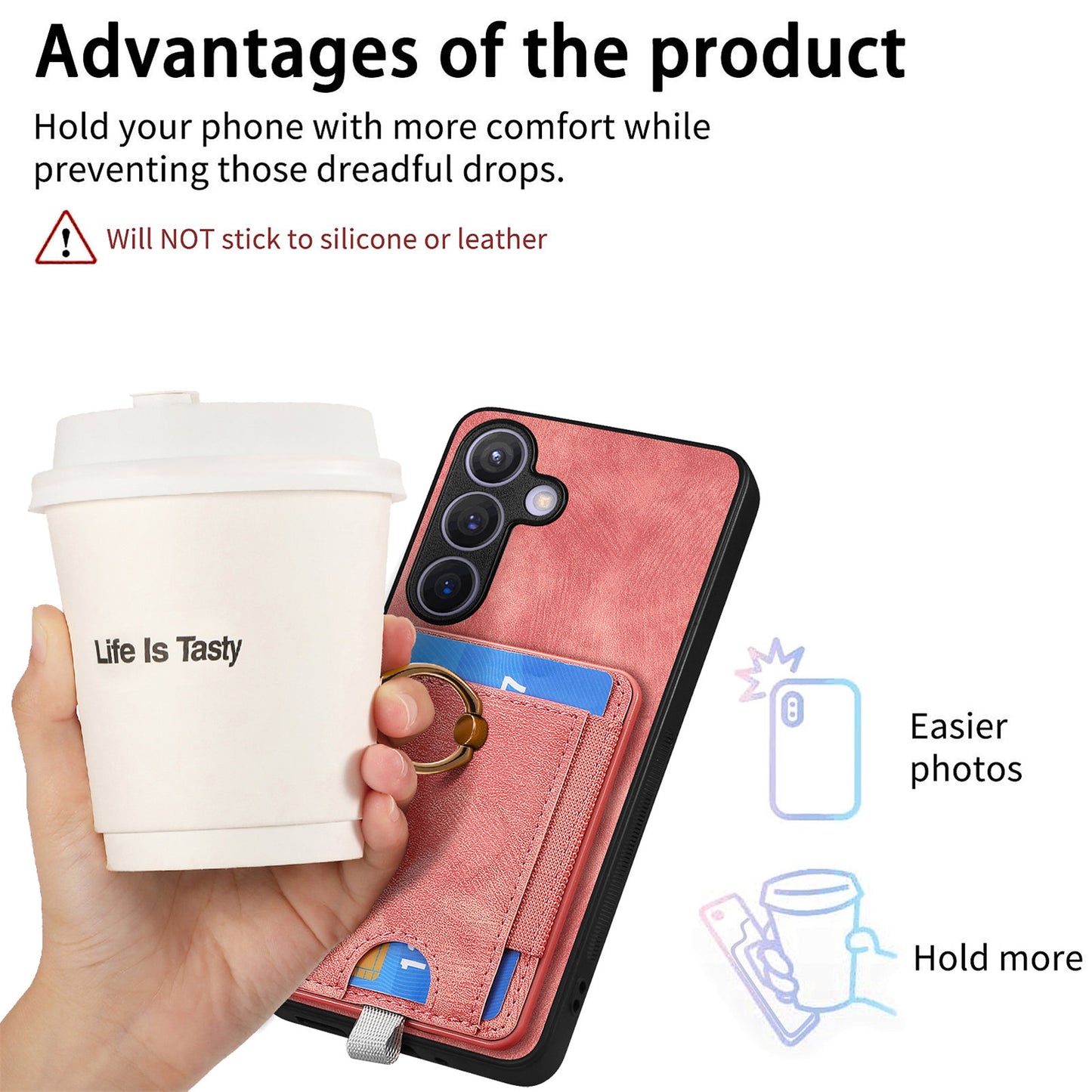 D7 For Samsung Galaxy S24 Kickstand Case Detachable Magnetic Card Holder Phone Cover - Pink