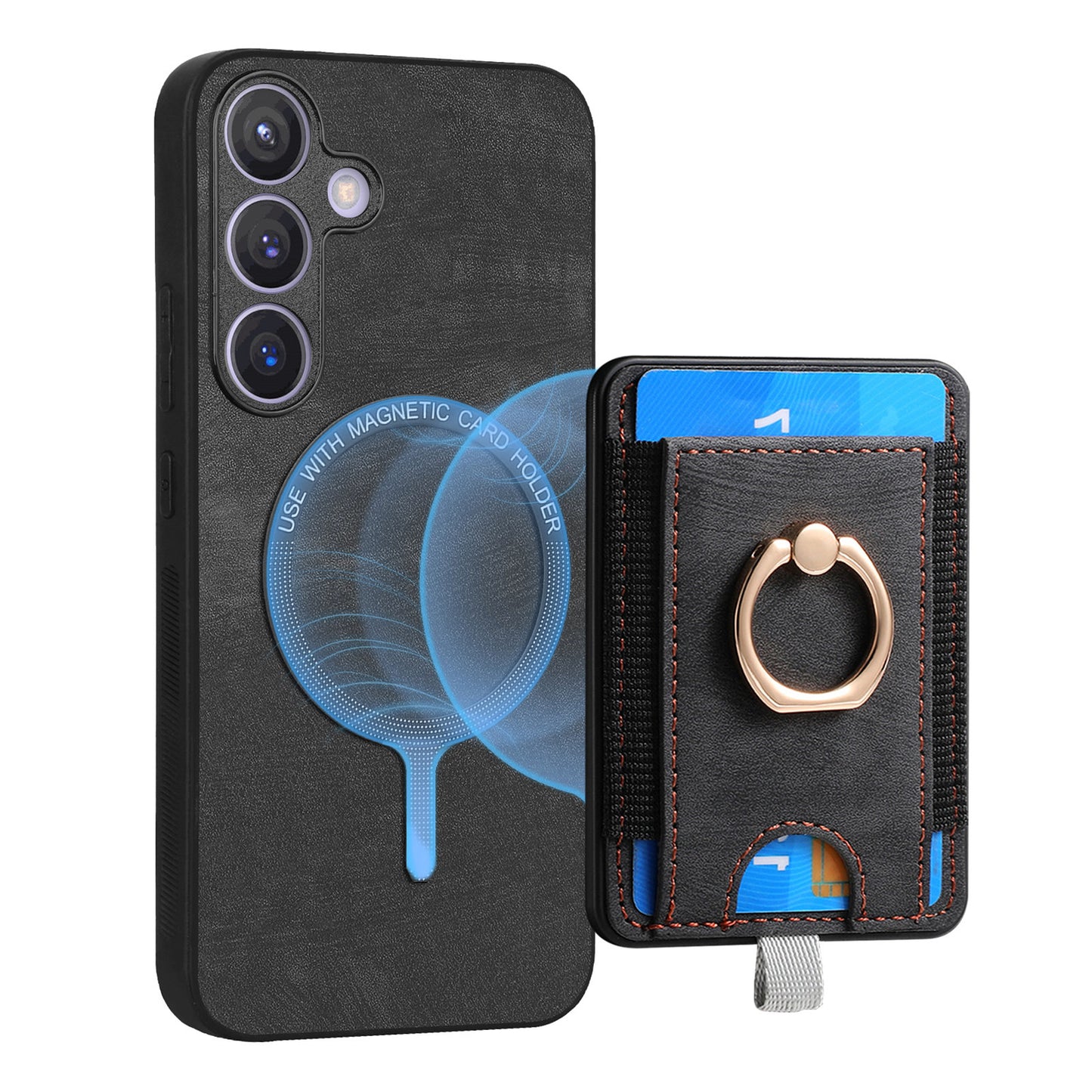 D7 For Samsung Galaxy S24 Kickstand Case Detachable Magnetic Card Holder Phone Cover - Black