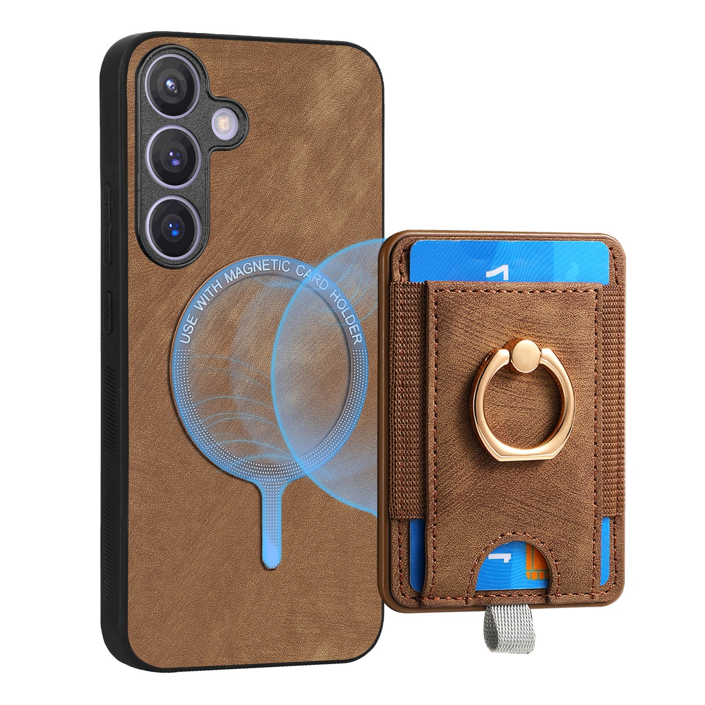 D7 For Samsung Galaxy S24 Kickstand Case Detachable Magnetic Card Holder Phone Cover - Brown