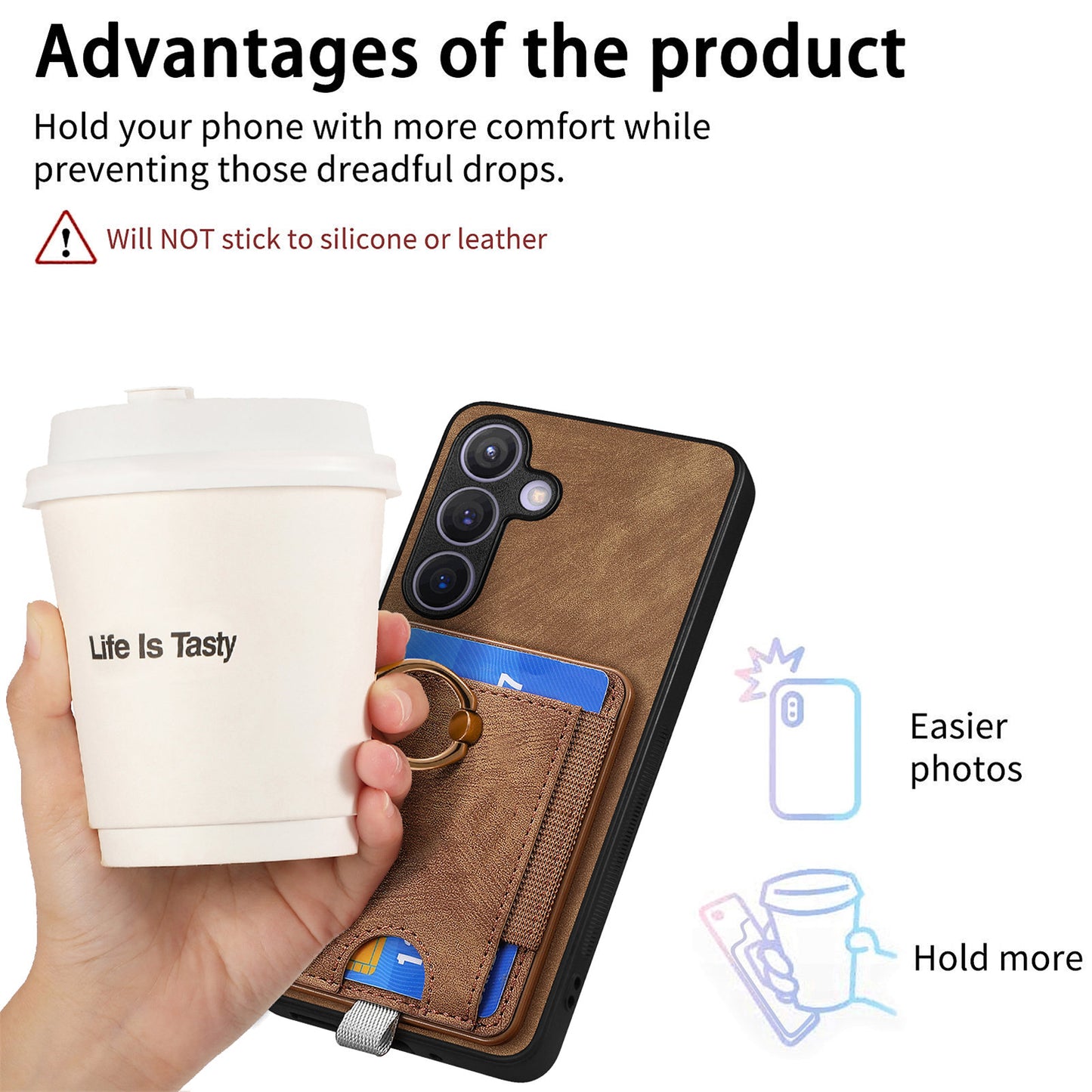 D7 For Samsung Galaxy S24 Kickstand Case Detachable Magnetic Card Holder Phone Cover - Brown