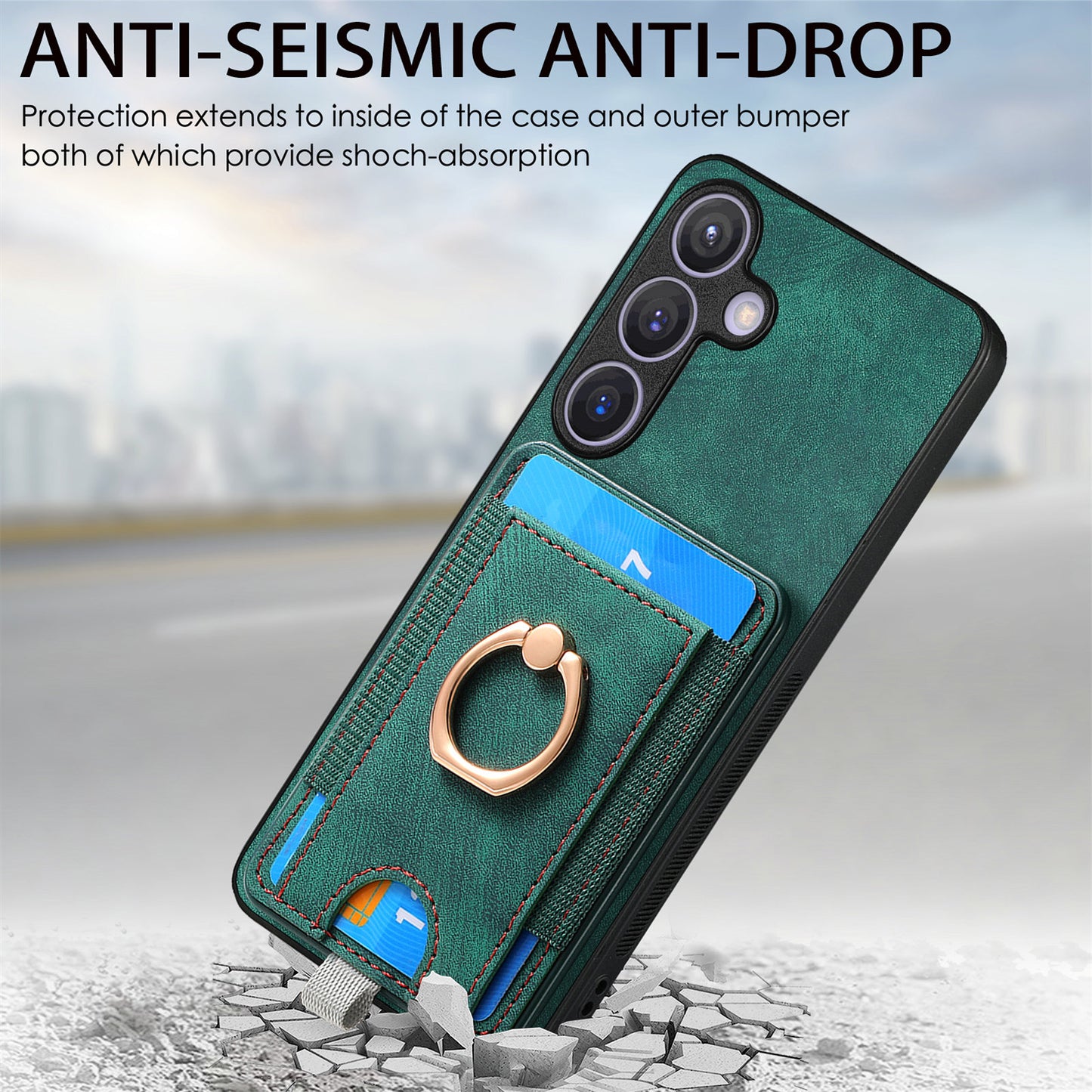 D7 For Samsung Galaxy S24 Kickstand Case Detachable Magnetic Card Holder Phone Cover - Green