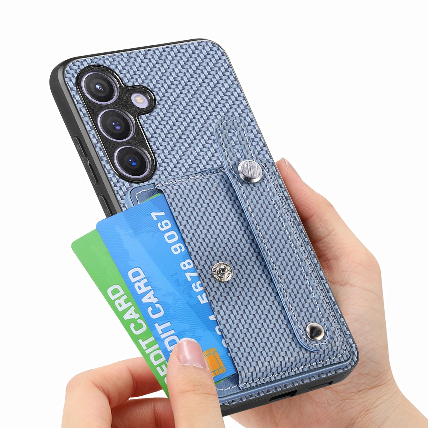 For Samsung Galaxy S24+ Case Wristband Kickstand Phone Cover with Card Slots - Blue
