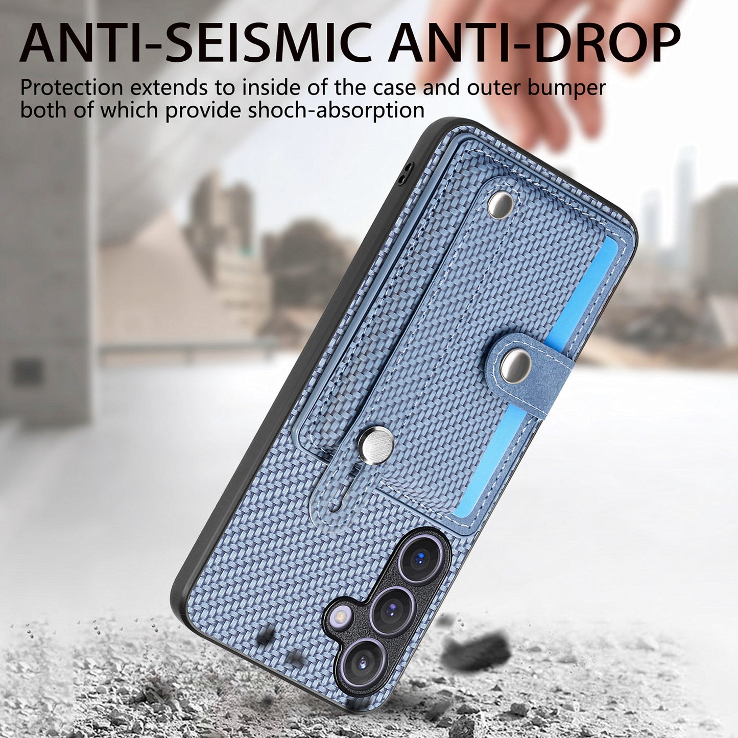 For Samsung Galaxy S24+ Case Wristband Kickstand Phone Cover with Card Slots - Blue