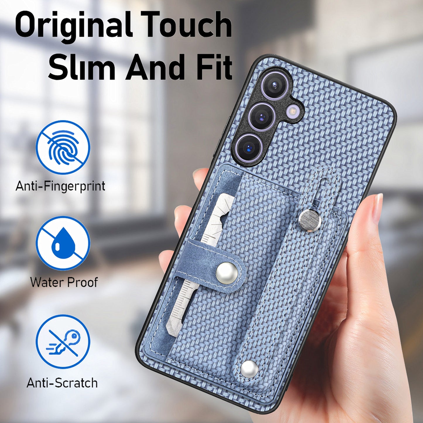 For Samsung Galaxy S24+ Case Wristband Kickstand Phone Cover with Card Slots - Blue