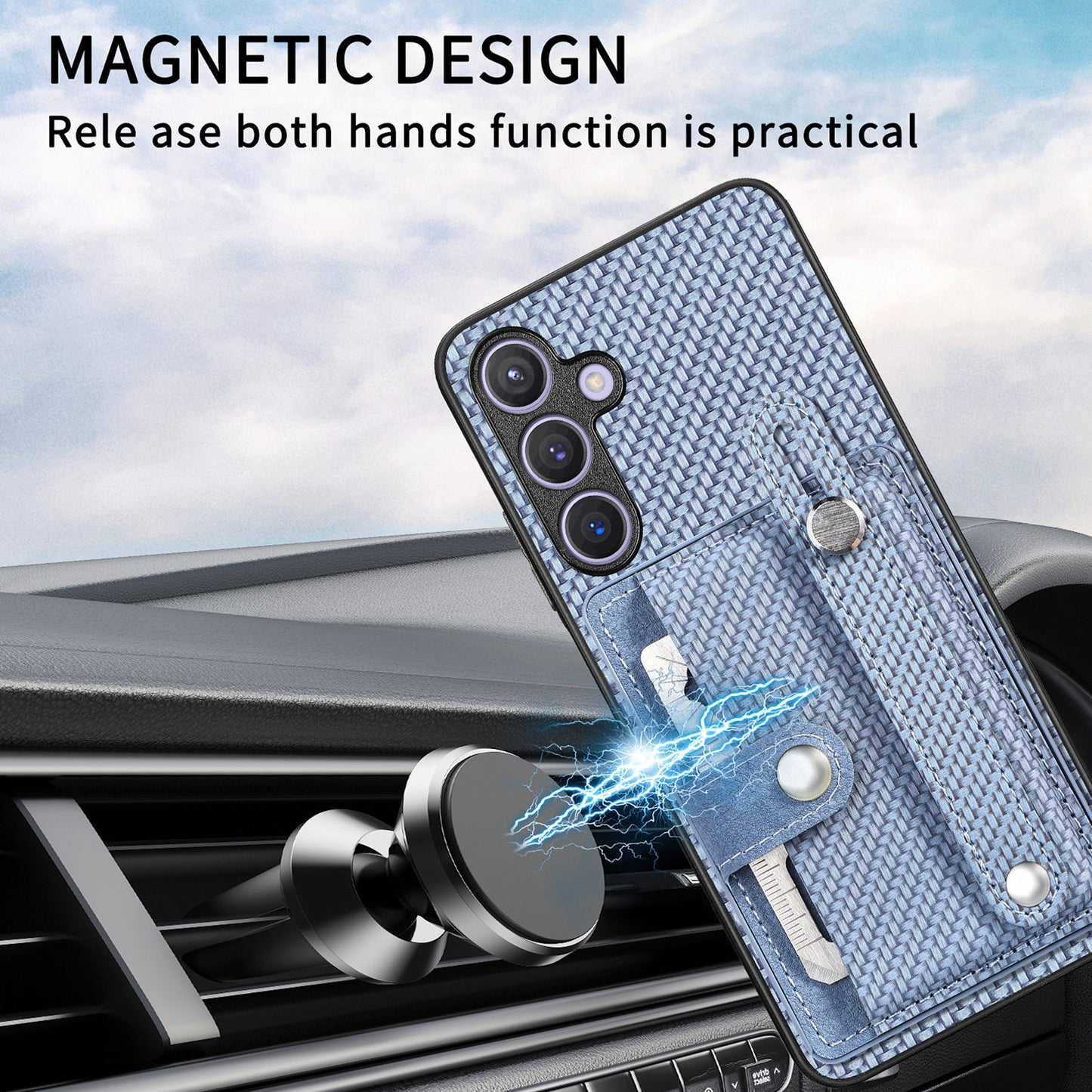 For Samsung Galaxy S24+ Case Wristband Kickstand Phone Cover with Card Slots - Blue