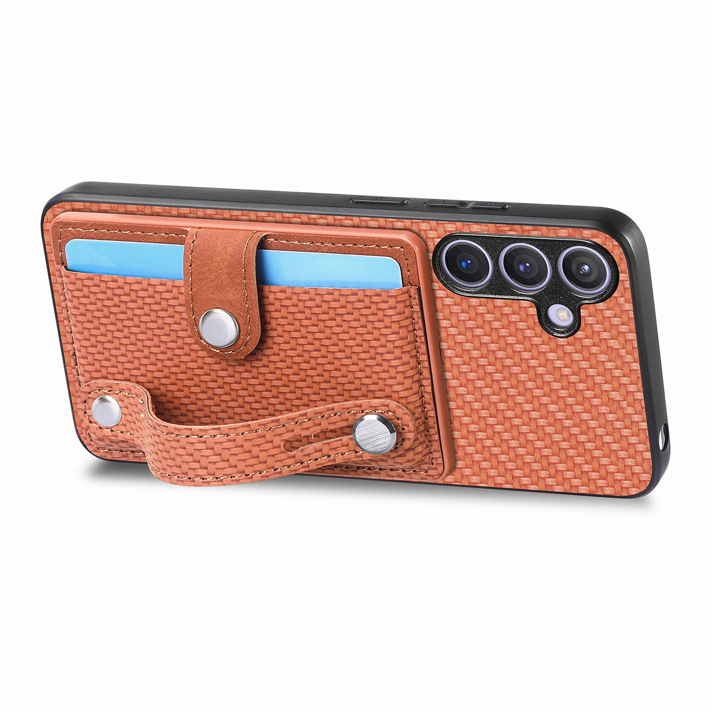 For Samsung Galaxy S24+ Case Wristband Kickstand Phone Cover with Card Slots - Brown