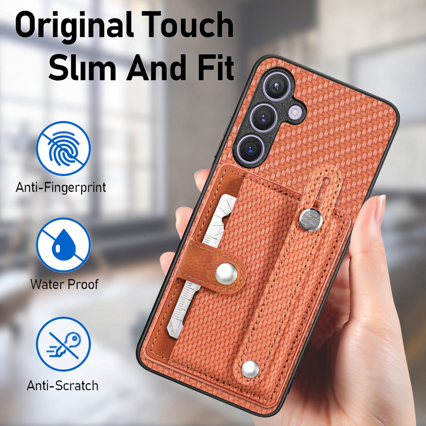 For Samsung Galaxy S24+ Case Wristband Kickstand Phone Cover with Card Slots - Brown
