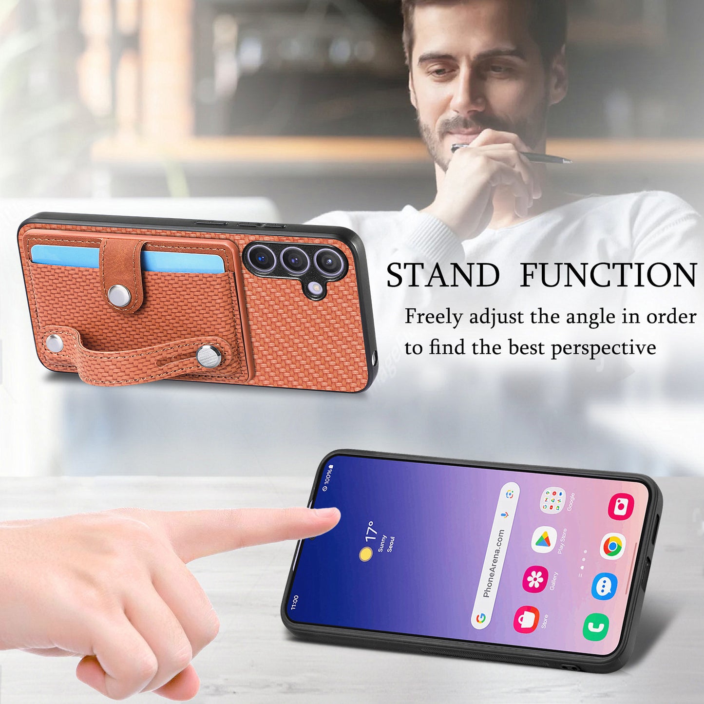 For Samsung Galaxy S24+ Case Wristband Kickstand Phone Cover with Card Slots - Brown
