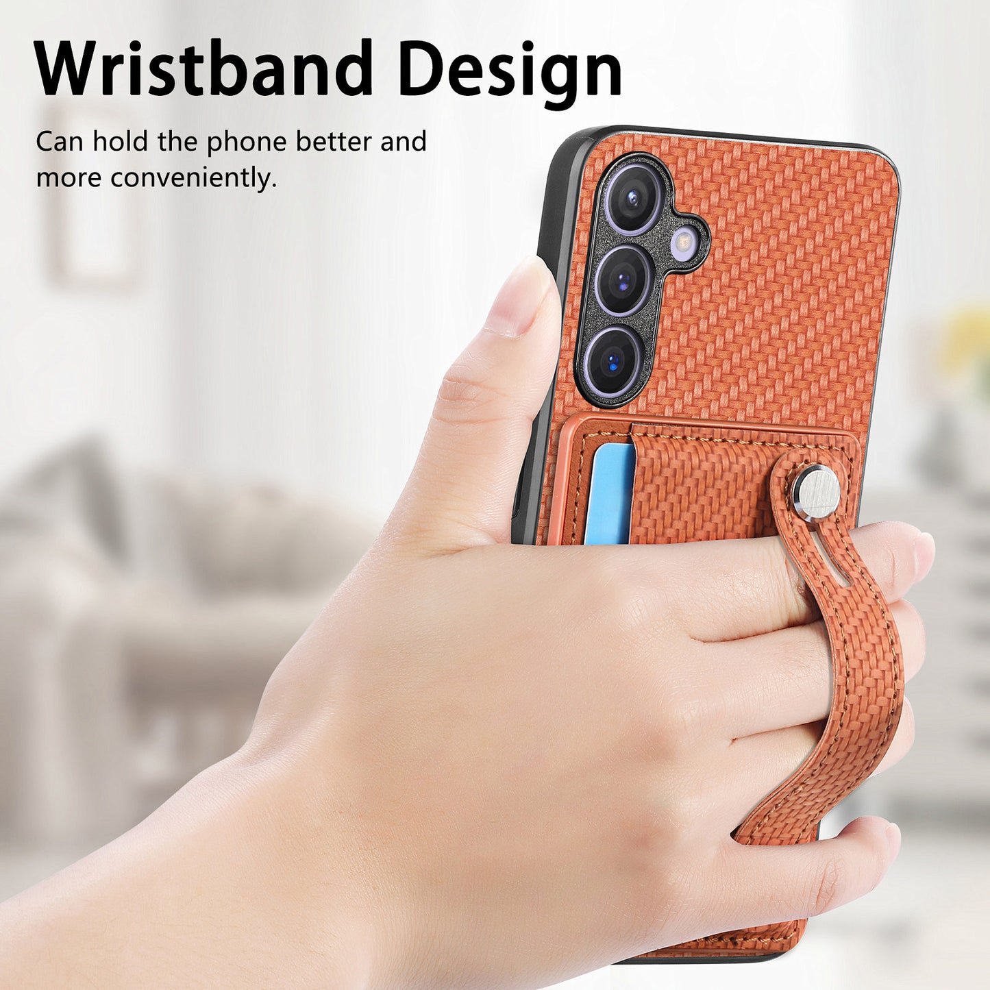 For Samsung Galaxy S24+ Case Wristband Kickstand Phone Cover with Card Slots - Brown