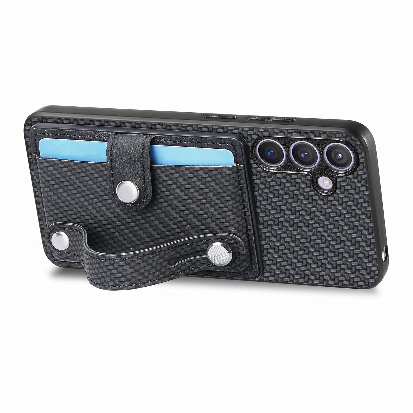 For Samsung Galaxy S24+ Case Wristband Kickstand Phone Cover with Card Slots - Black