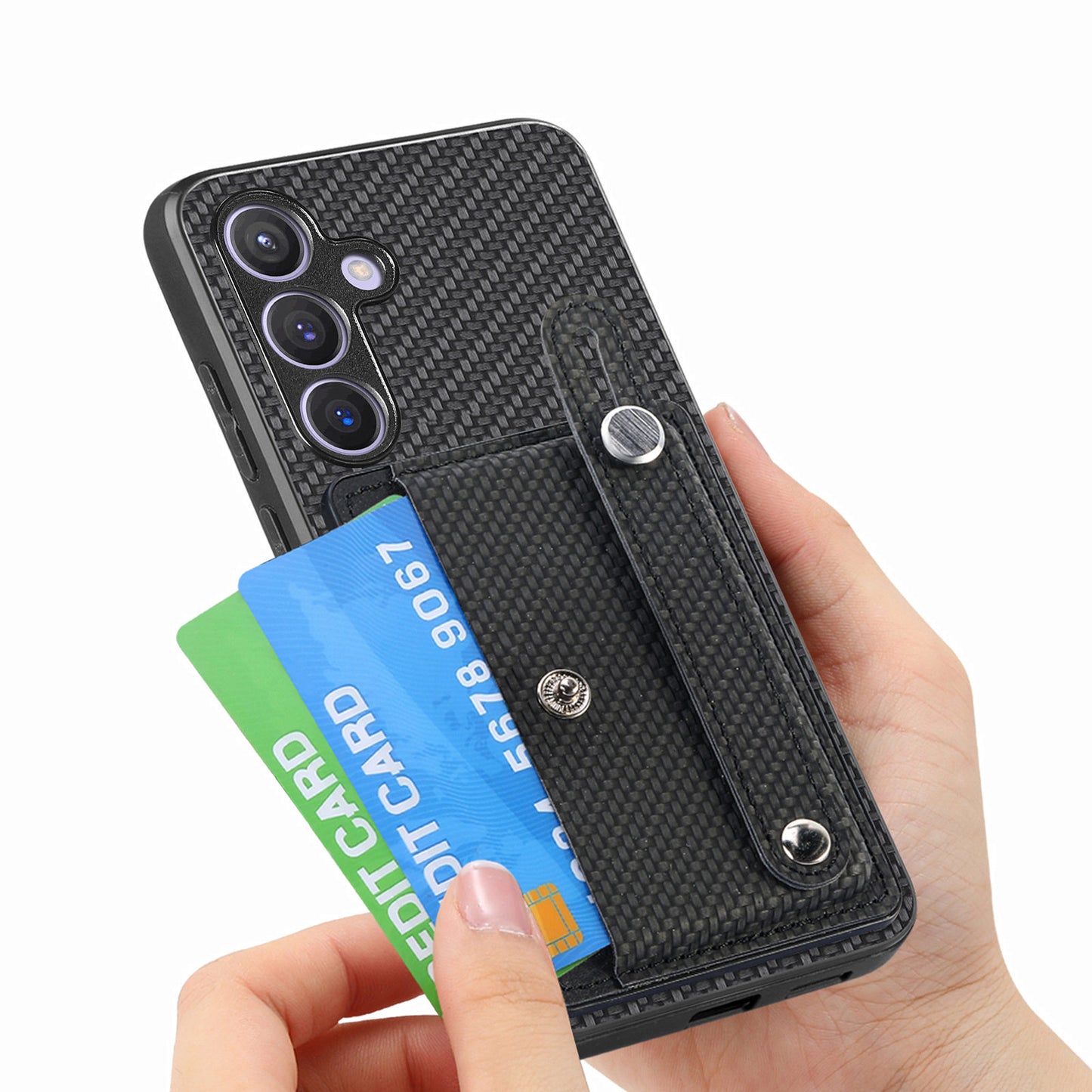 For Samsung Galaxy S24+ Case Wristband Kickstand Phone Cover with Card Slots - Black