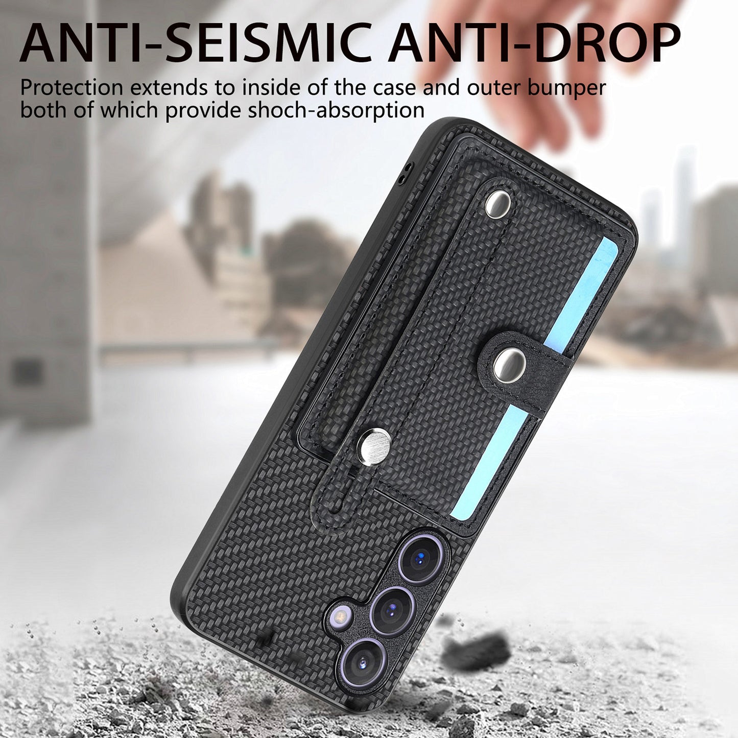 For Samsung Galaxy S24+ Case Wristband Kickstand Phone Cover with Card Slots - Black
