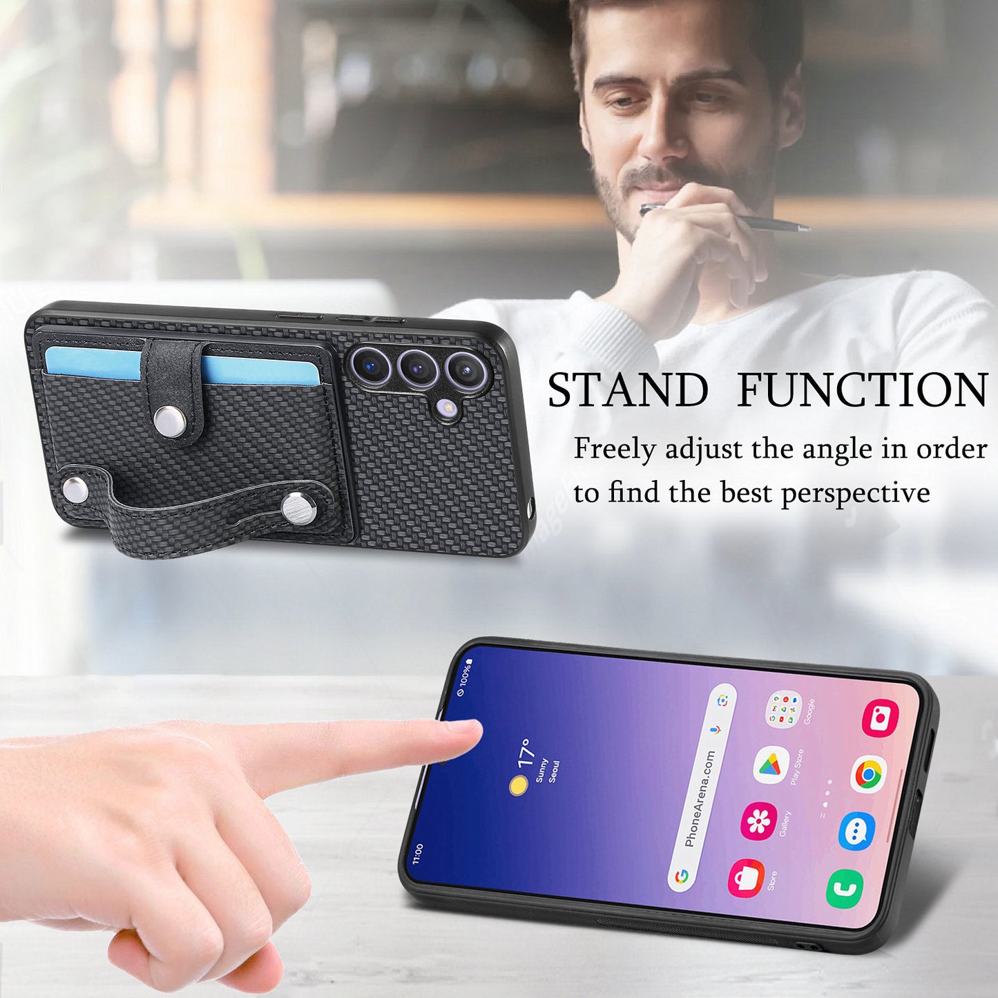 For Samsung Galaxy S24+ Case Wristband Kickstand Phone Cover with Card Slots - Black