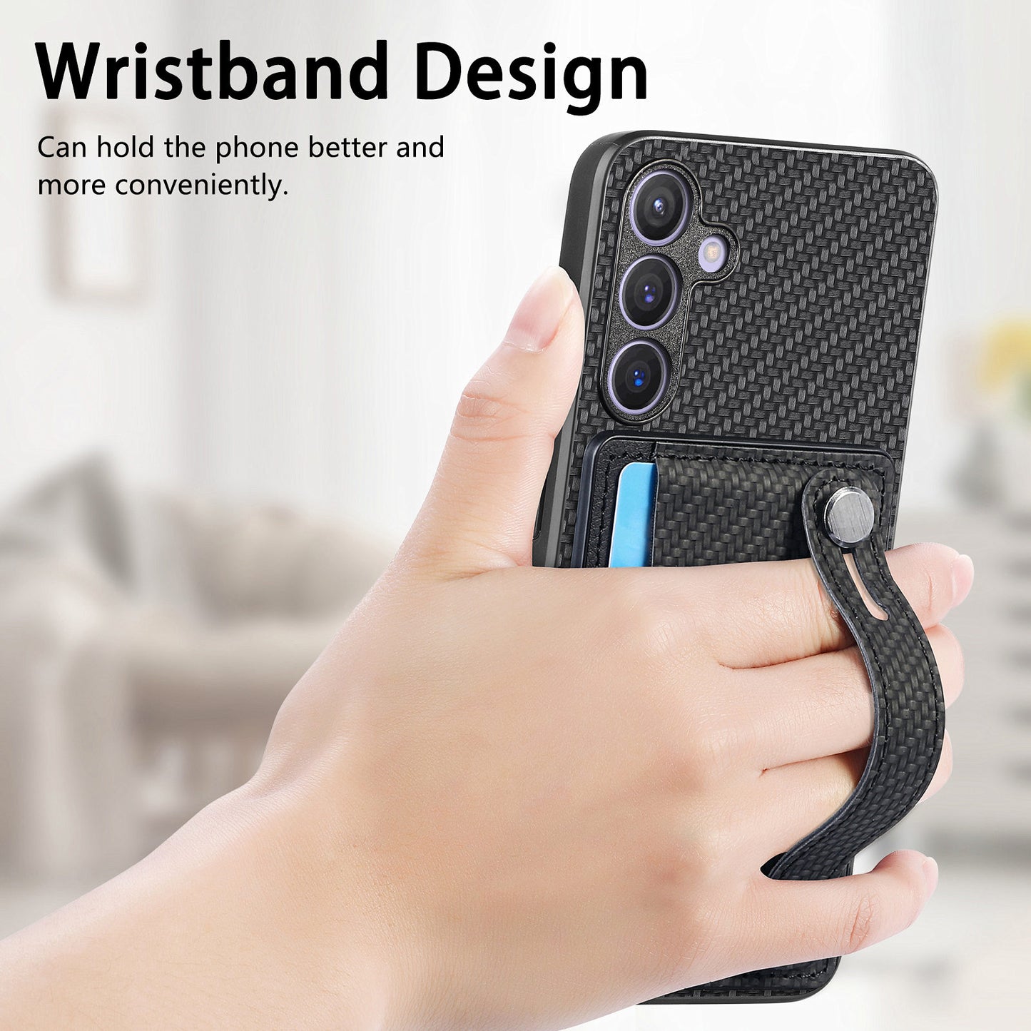 For Samsung Galaxy S24+ Case Wristband Kickstand Phone Cover with Card Slots - Black