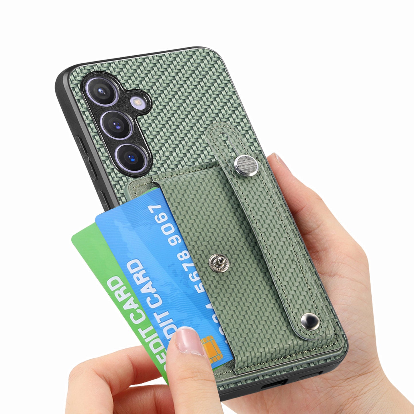 For Samsung Galaxy S24+ Case Wristband Kickstand Phone Cover with Card Slots - Green
