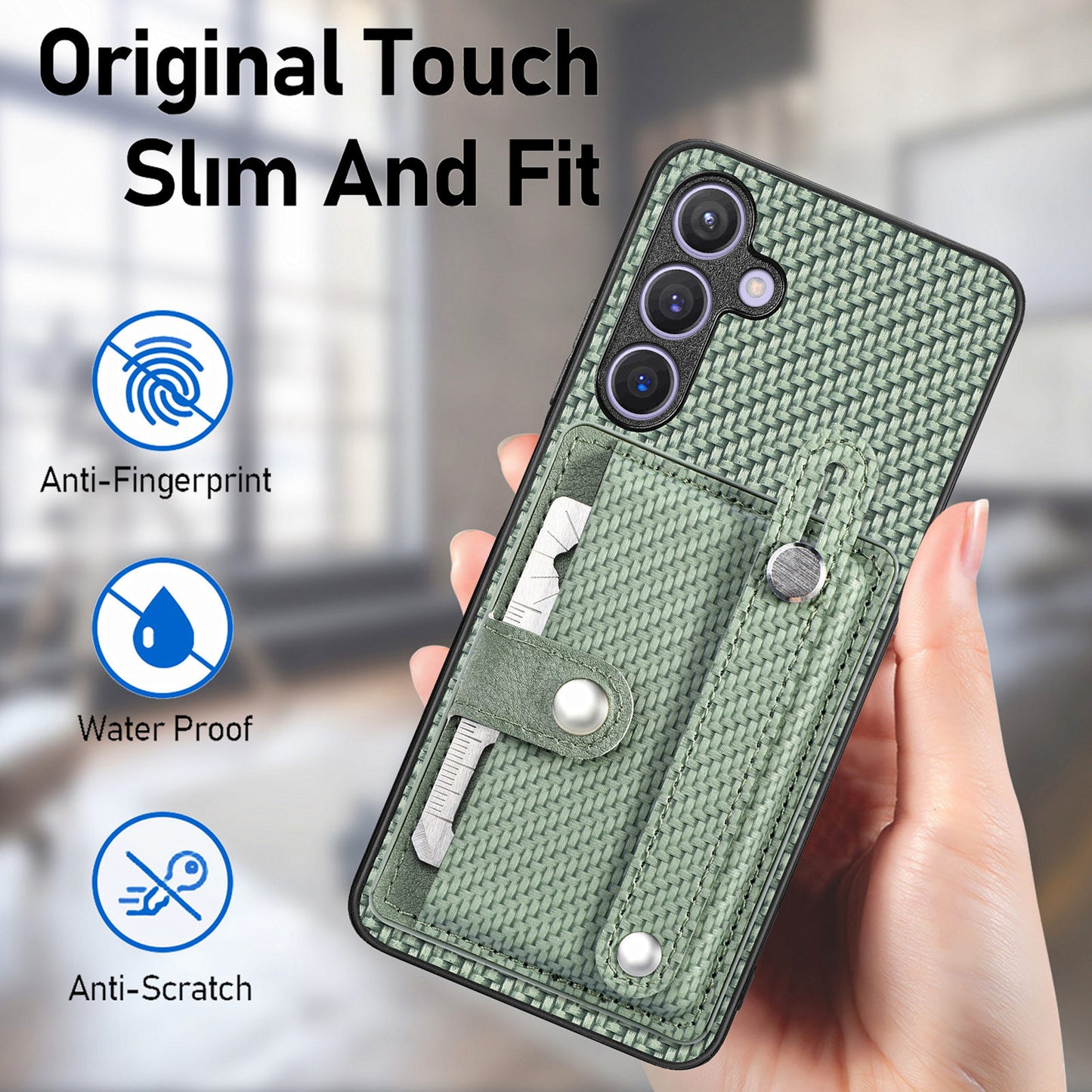 For Samsung Galaxy S24+ Case Wristband Kickstand Phone Cover with Card Slots - Green