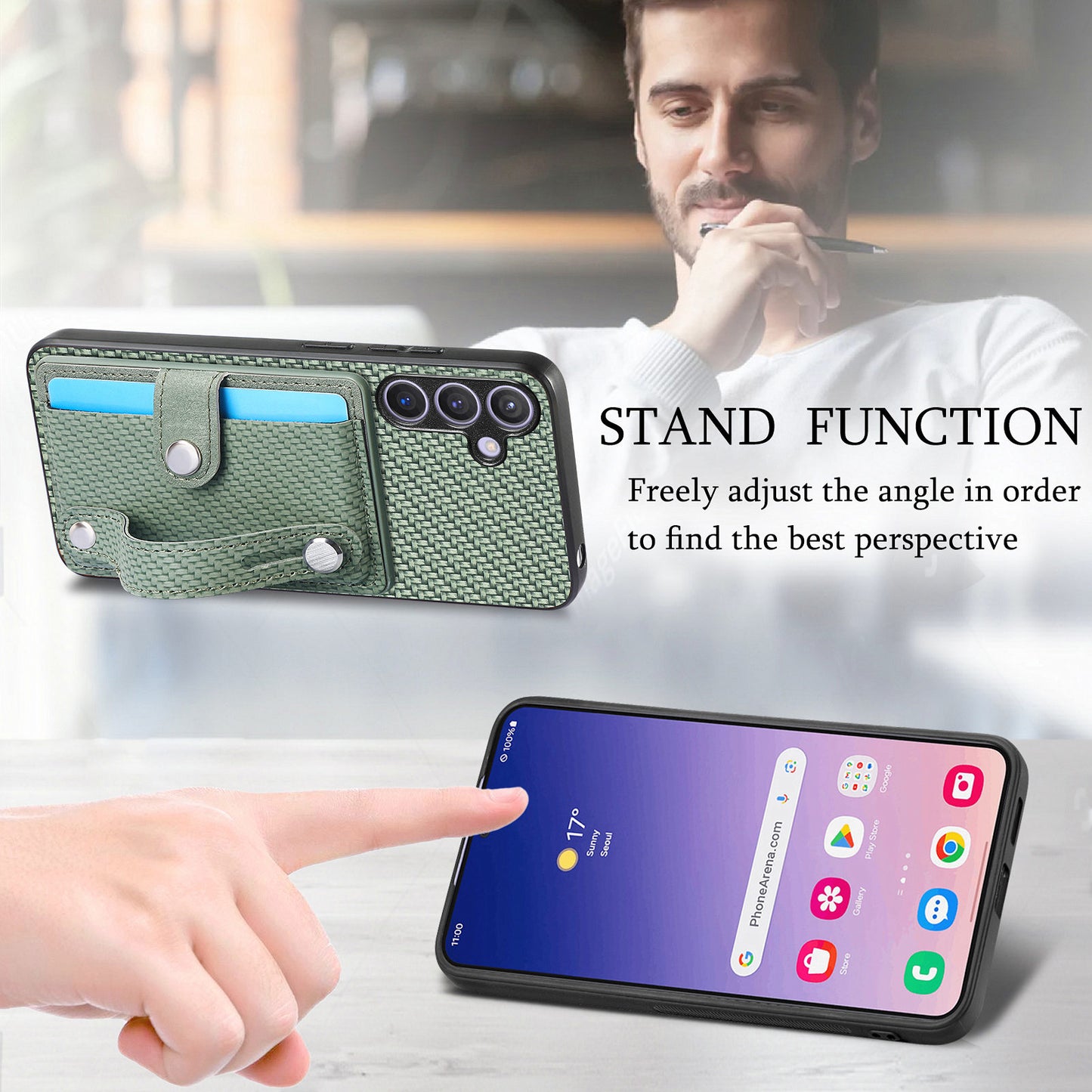 For Samsung Galaxy S24+ Case Wristband Kickstand Phone Cover with Card Slots - Green