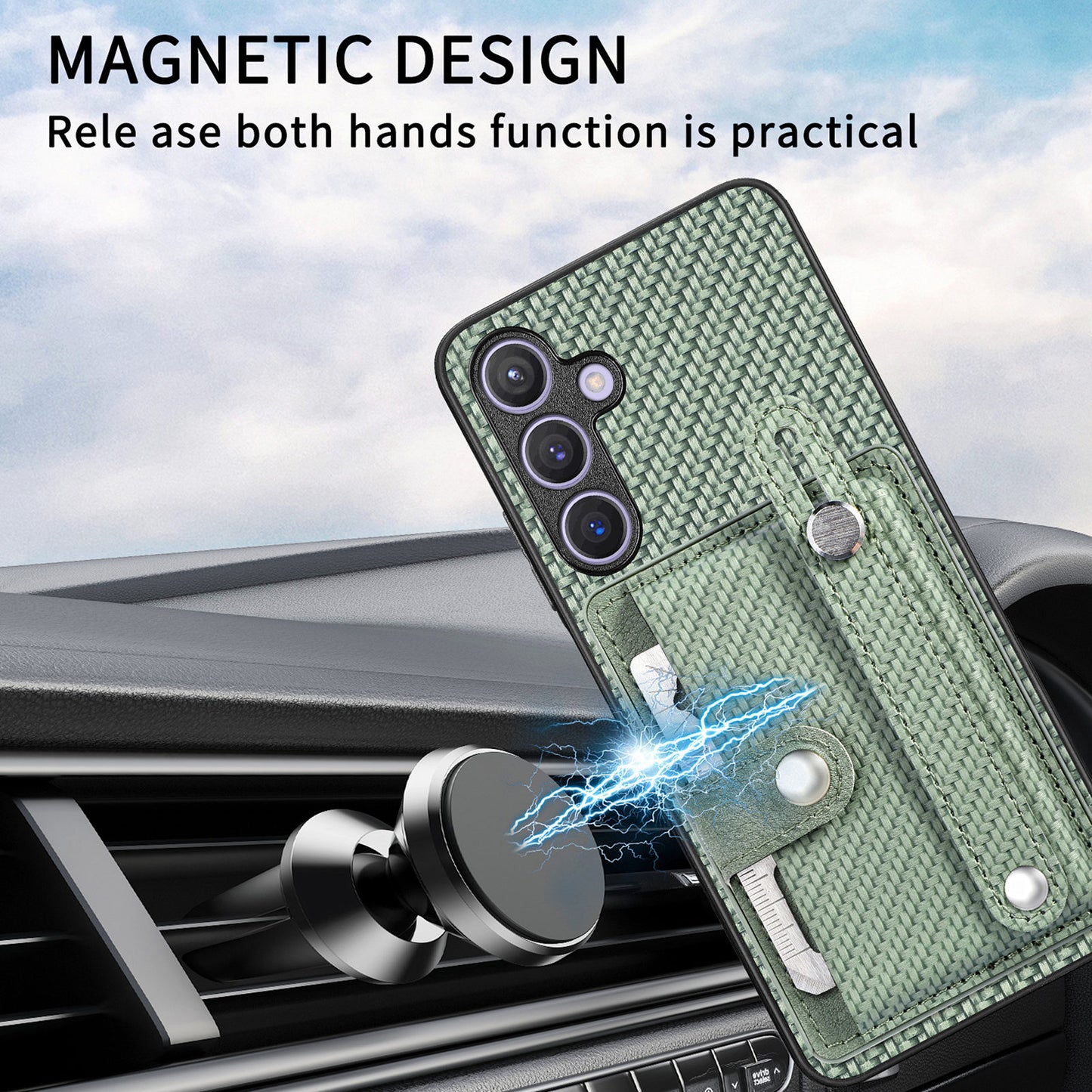 For Samsung Galaxy S24+ Case Wristband Kickstand Phone Cover with Card Slots - Green