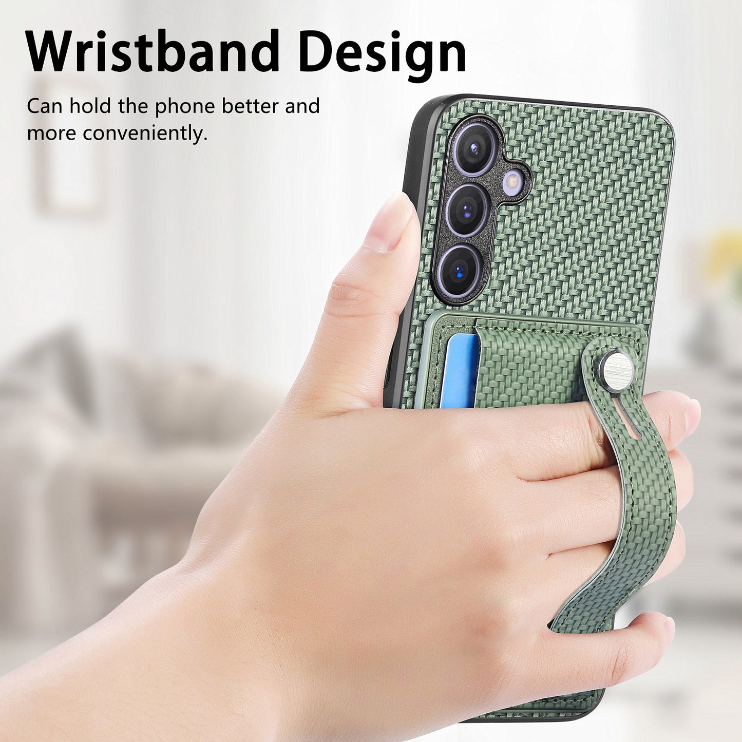 For Samsung Galaxy S24+ Case Wristband Kickstand Phone Cover with Card Slots - Green