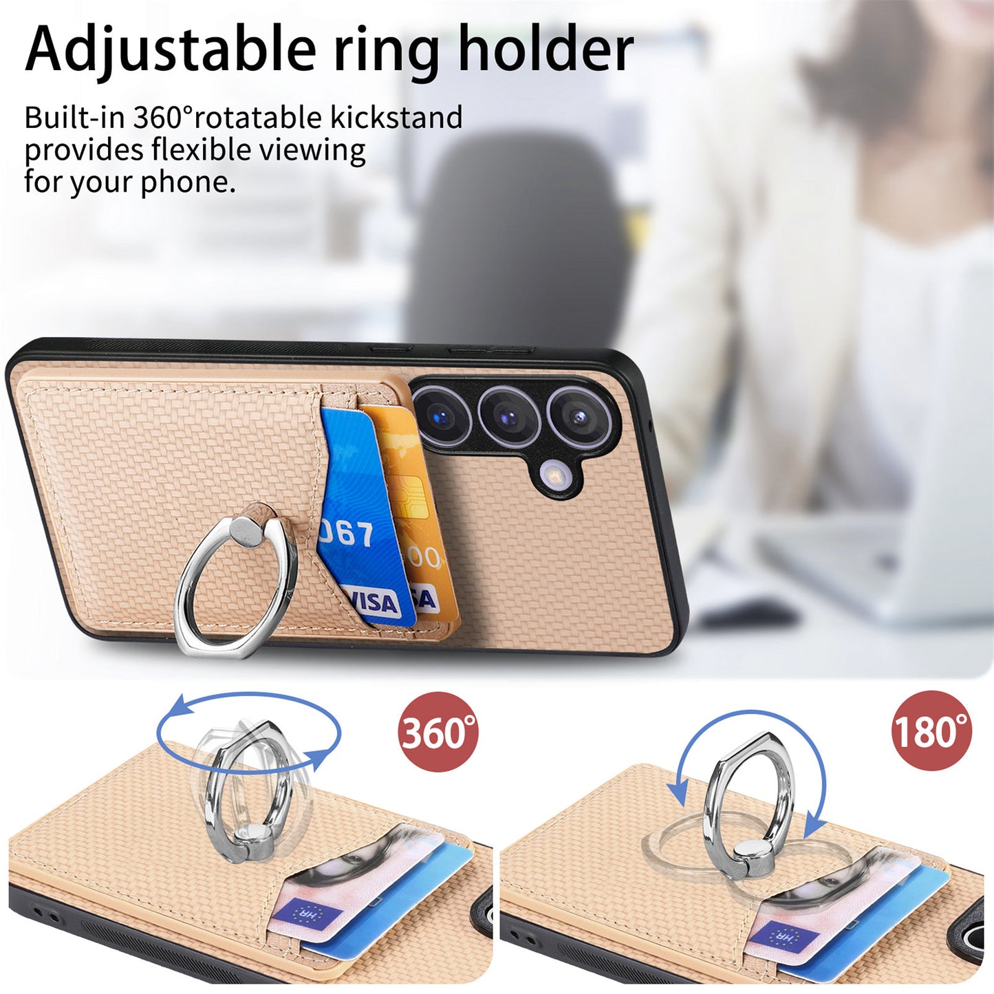 C1-8 For Samsung Galaxy S24+ Case Ring Kickstand Card Holder Phone Cover - Apricot