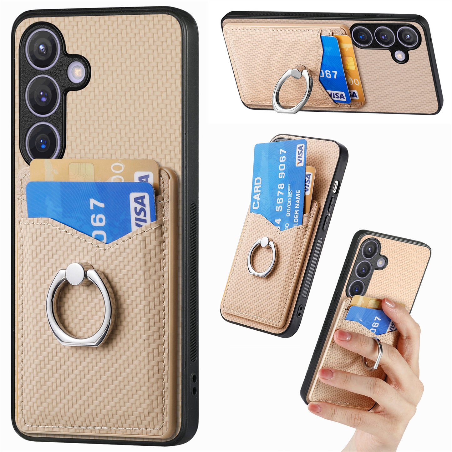 C1-8 For Samsung Galaxy S24+ Case Ring Kickstand Card Holder Phone Cover - Apricot