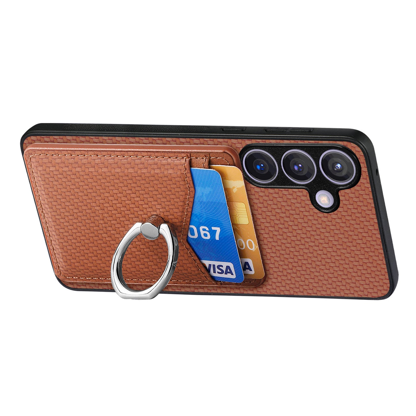 C1-8 For Samsung Galaxy S24+ Case Ring Kickstand Card Holder Phone Cover - Brown