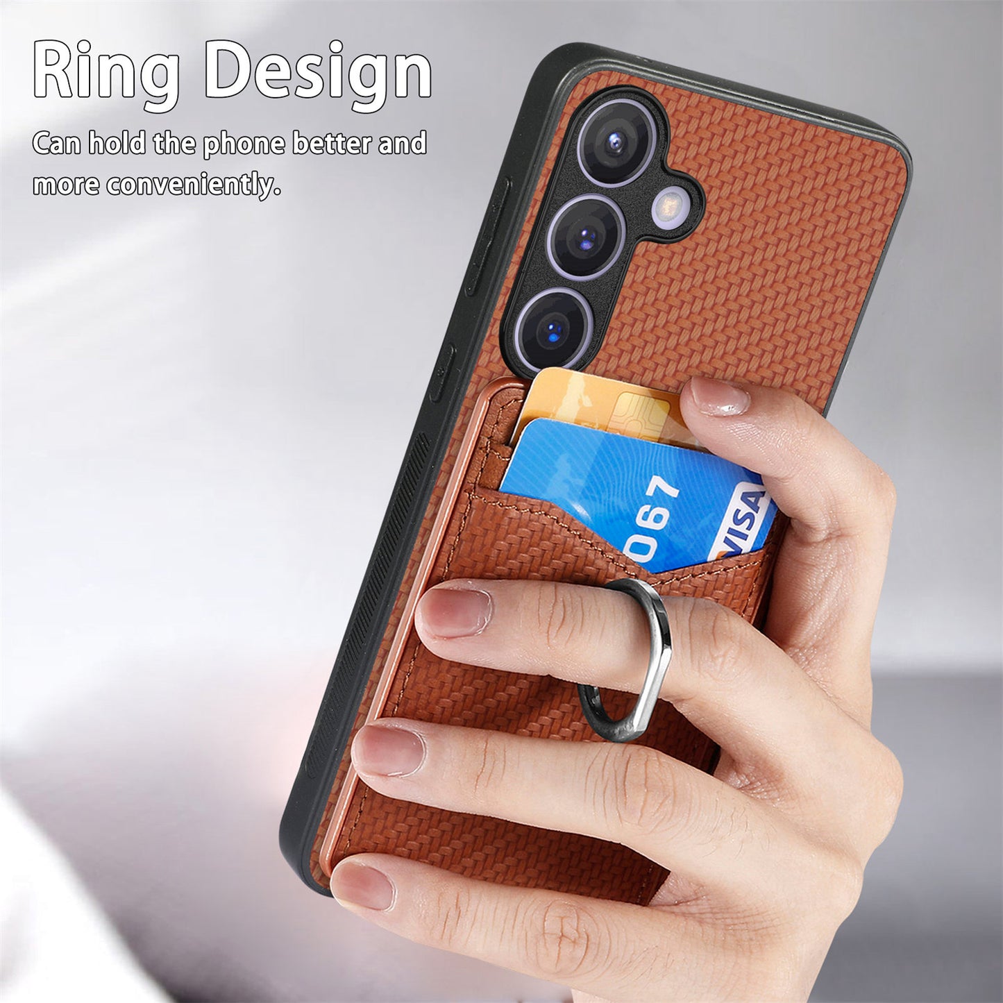 C1-8 For Samsung Galaxy S24+ Case Ring Kickstand Card Holder Phone Cover - Brown