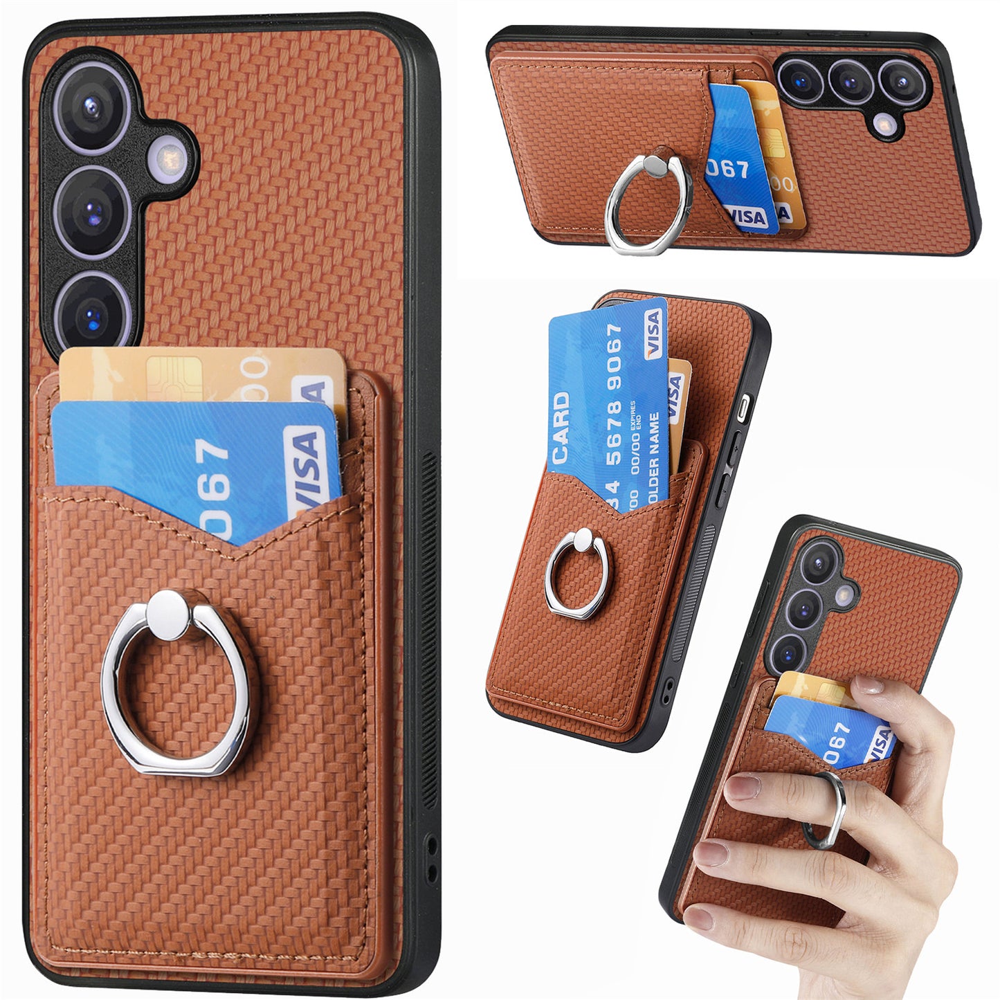 C1-8 For Samsung Galaxy S24+ Case Ring Kickstand Card Holder Phone Cover - Brown