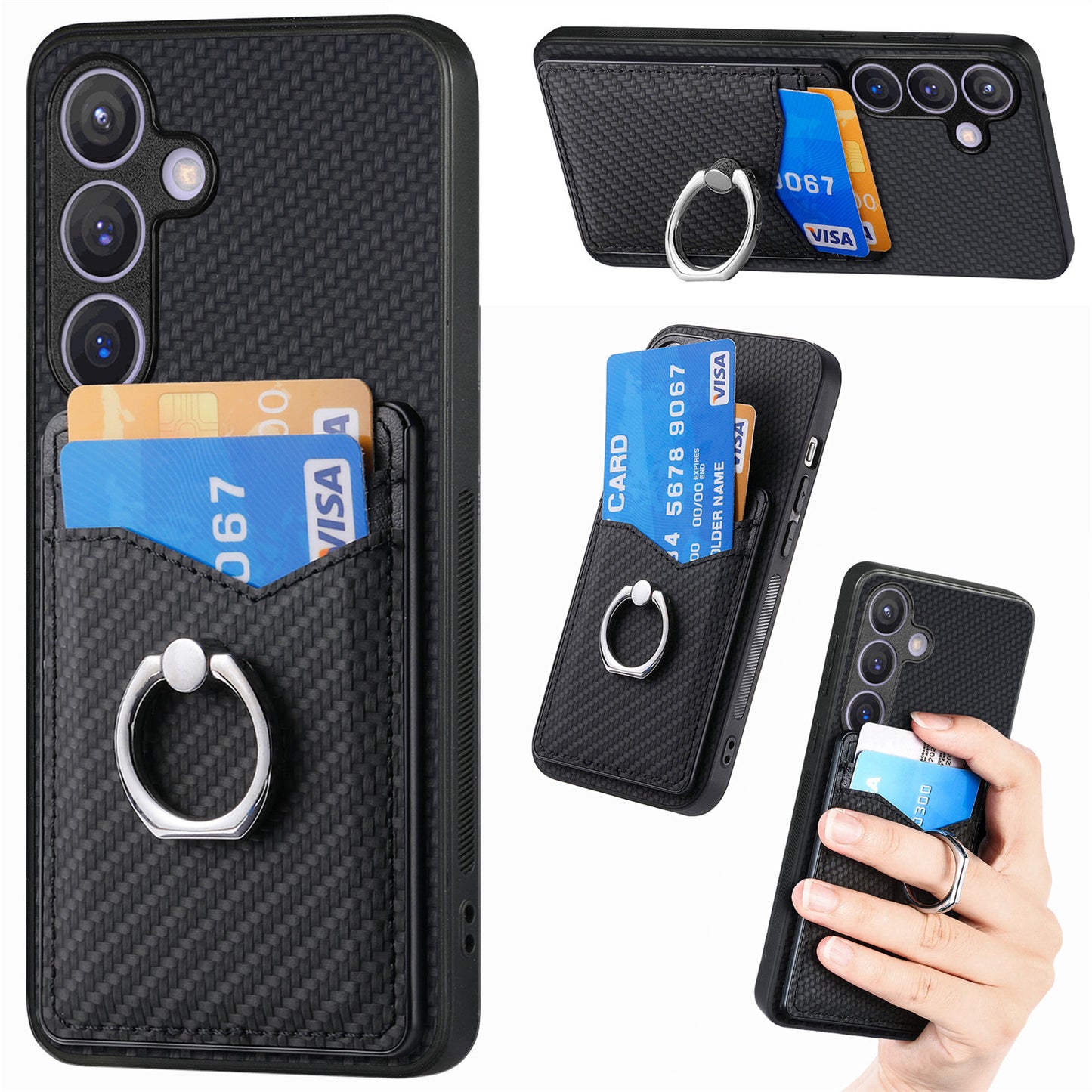 C1-8 For Samsung Galaxy S24+ Case Ring Kickstand Card Holder Phone Cover - Black