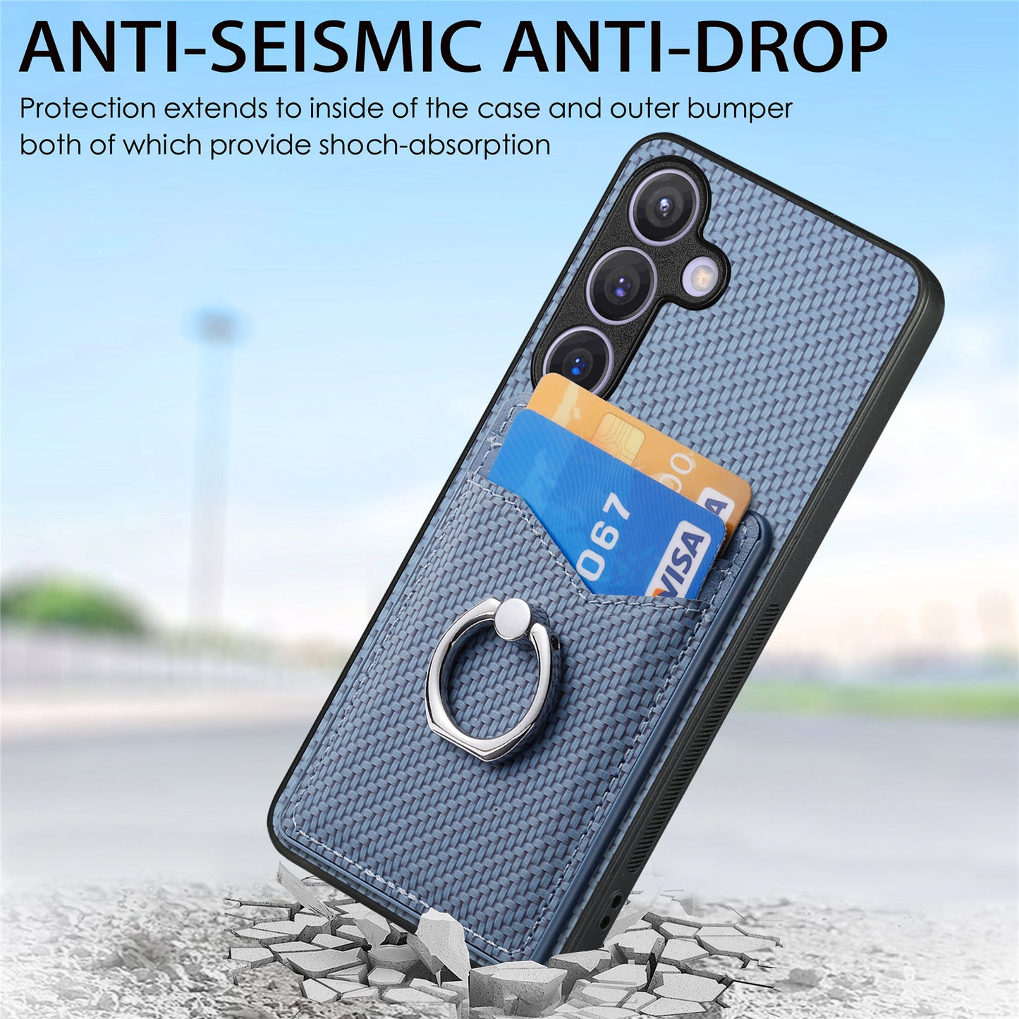 C1-8 For Samsung Galaxy S24+ Case Ring Kickstand Card Holder Phone Cover - Blue