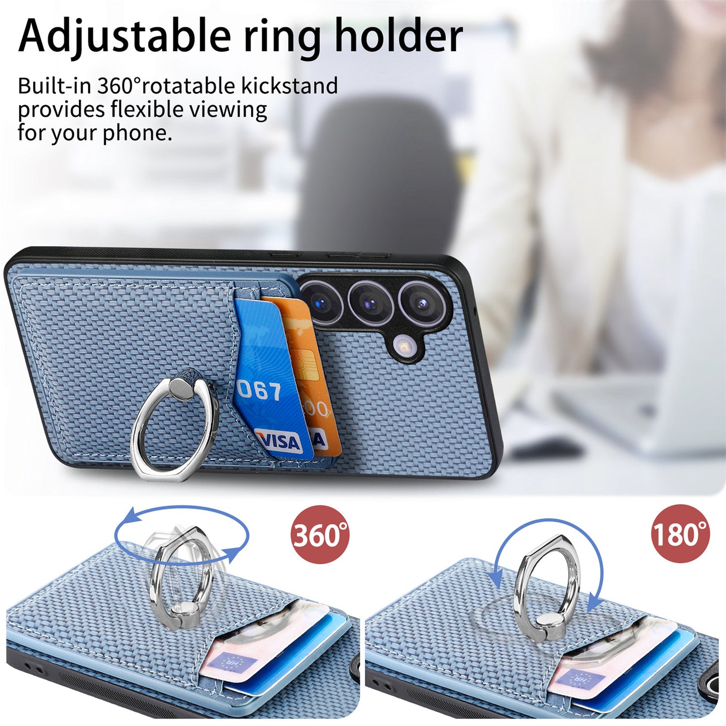 C1-8 For Samsung Galaxy S24+ Case Ring Kickstand Card Holder Phone Cover - Blue