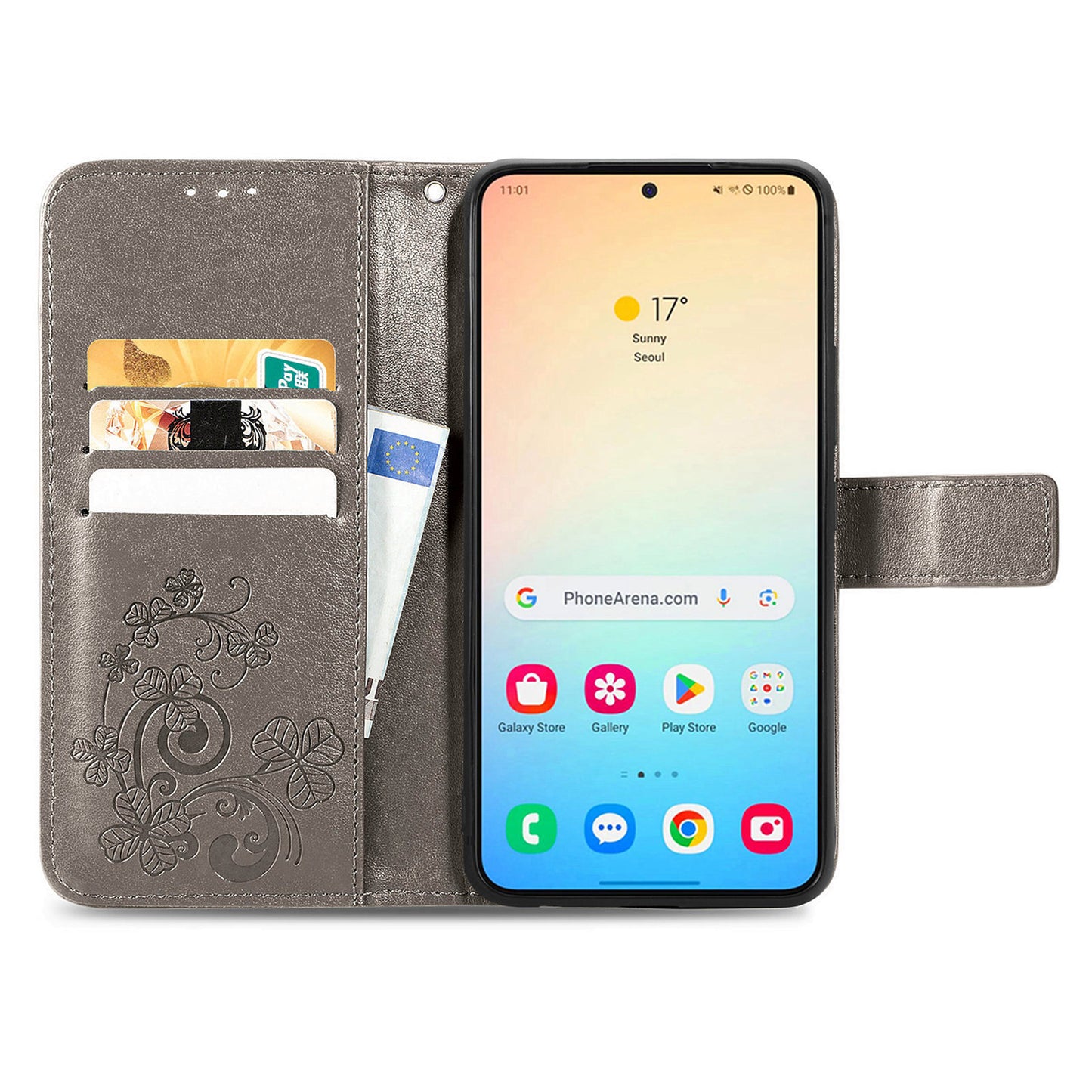 For Samsung Galaxy S24 Case Four-leaf Clover Pattern Leather Phone Cover Wallet - Grey