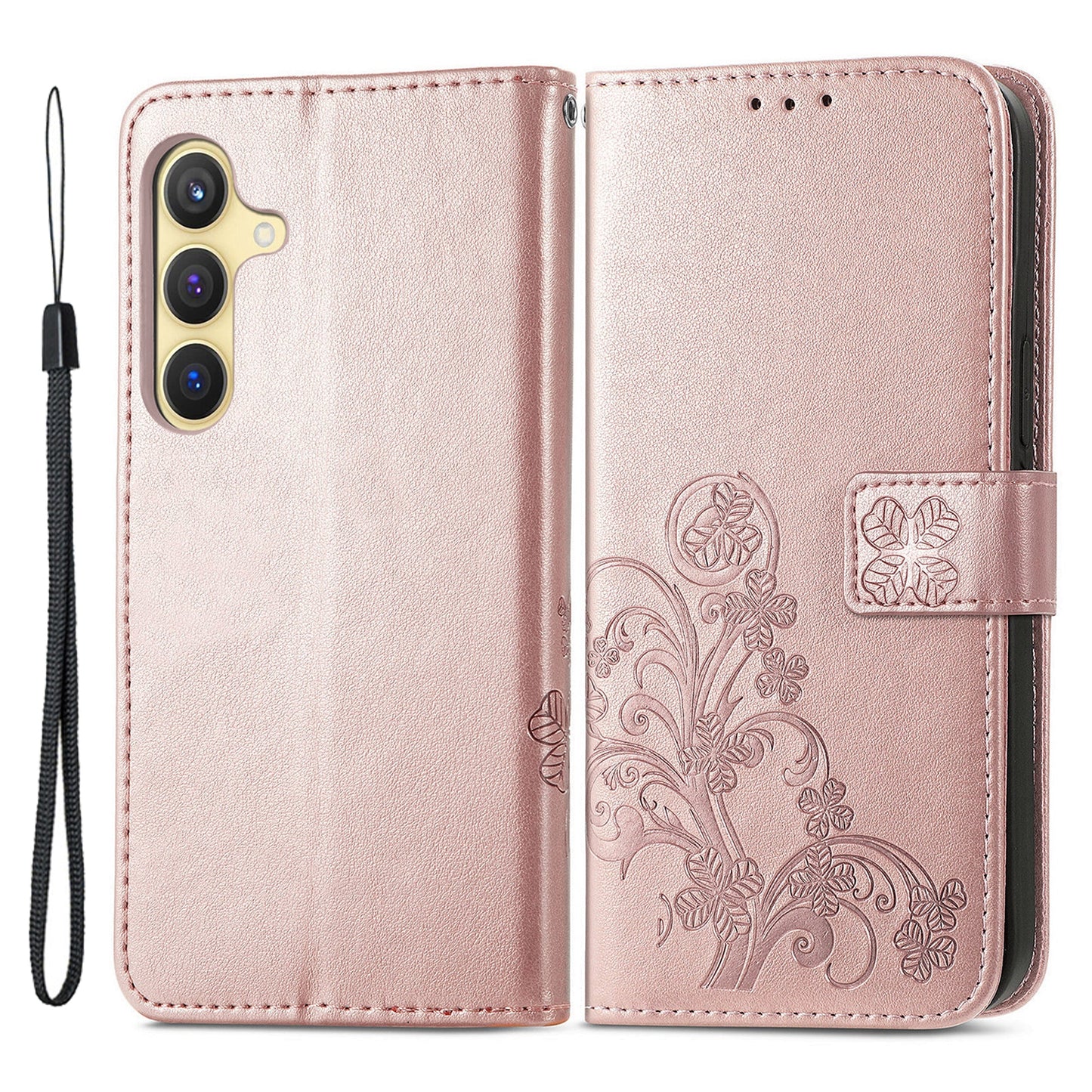 For Samsung Galaxy S24 Case Four-leaf Clover Pattern Leather Phone Cover Wallet - Rose Gold