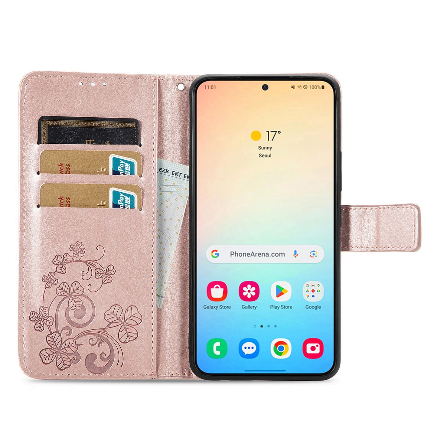 For Samsung Galaxy S24 Case Four-leaf Clover Pattern Leather Phone Cover Wallet - Rose Gold