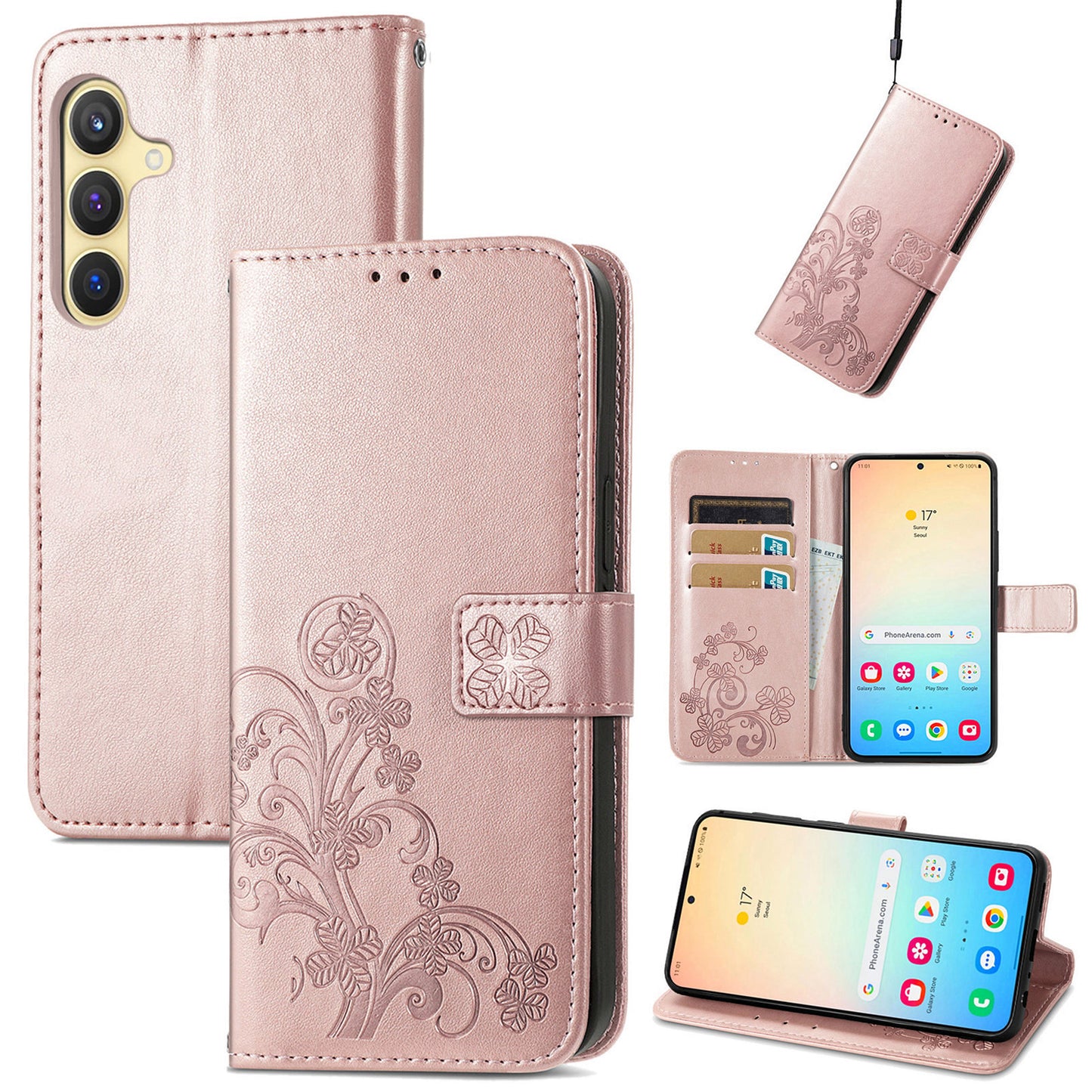 For Samsung Galaxy S24 Case Four-leaf Clover Pattern Leather Phone Cover Wallet - Rose Gold