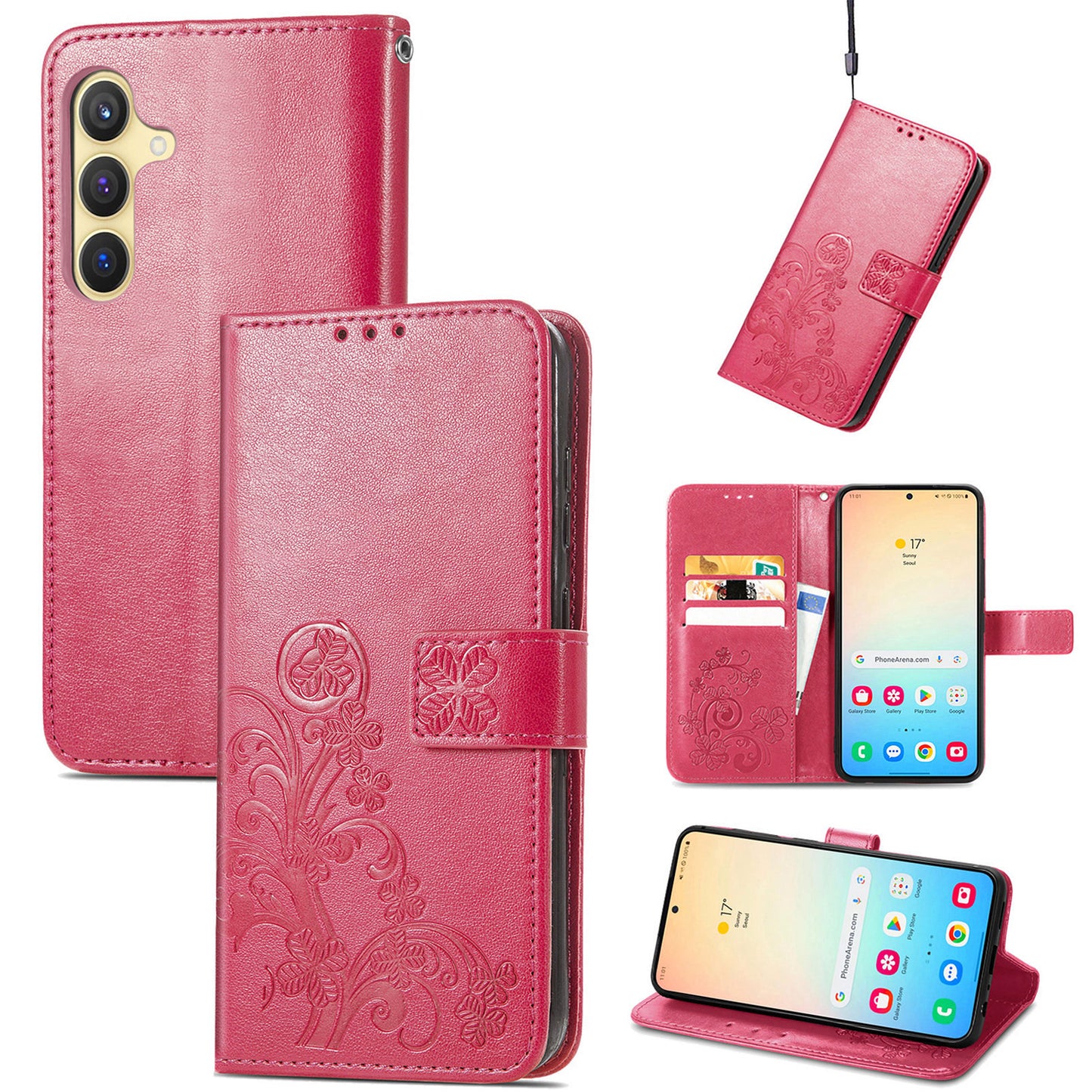 For Samsung Galaxy S24 Case Four-leaf Clover Pattern Leather Phone Cover Wallet - Red