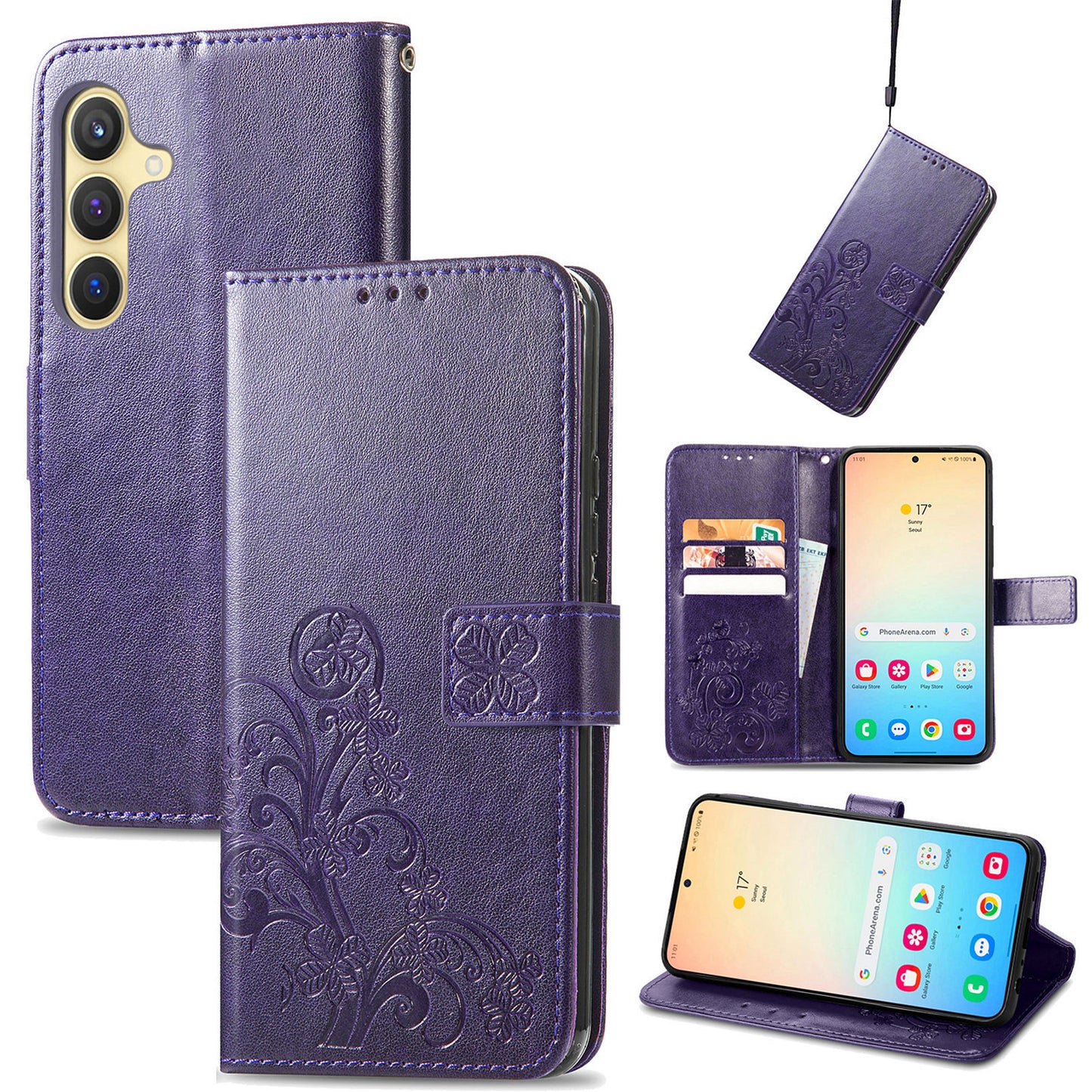 For Samsung Galaxy S24 Case Four-leaf Clover Pattern Leather Phone Cover Wallet - Purple