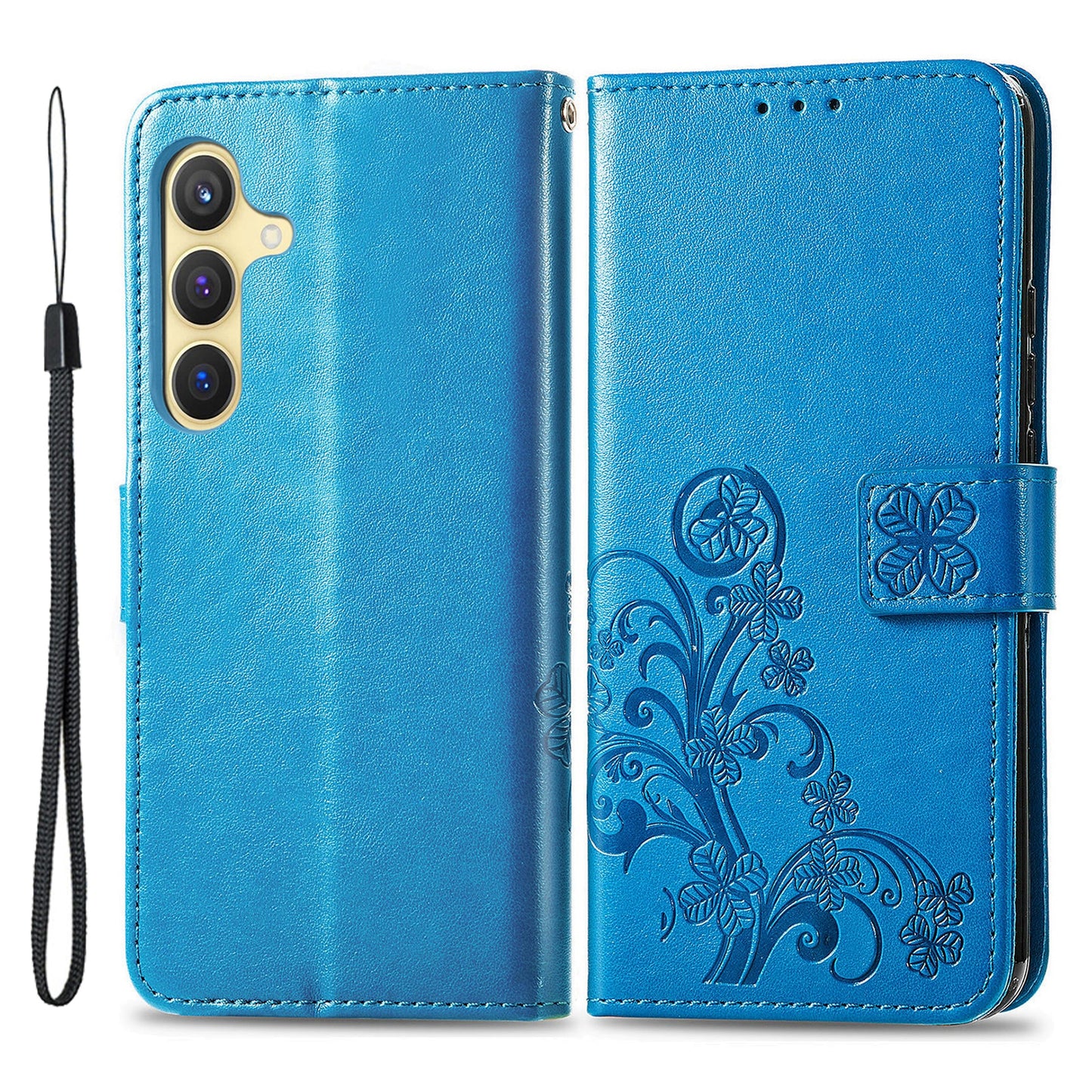 For Samsung Galaxy S24 Case Four-leaf Clover Pattern Leather Phone Cover Wallet - Blue