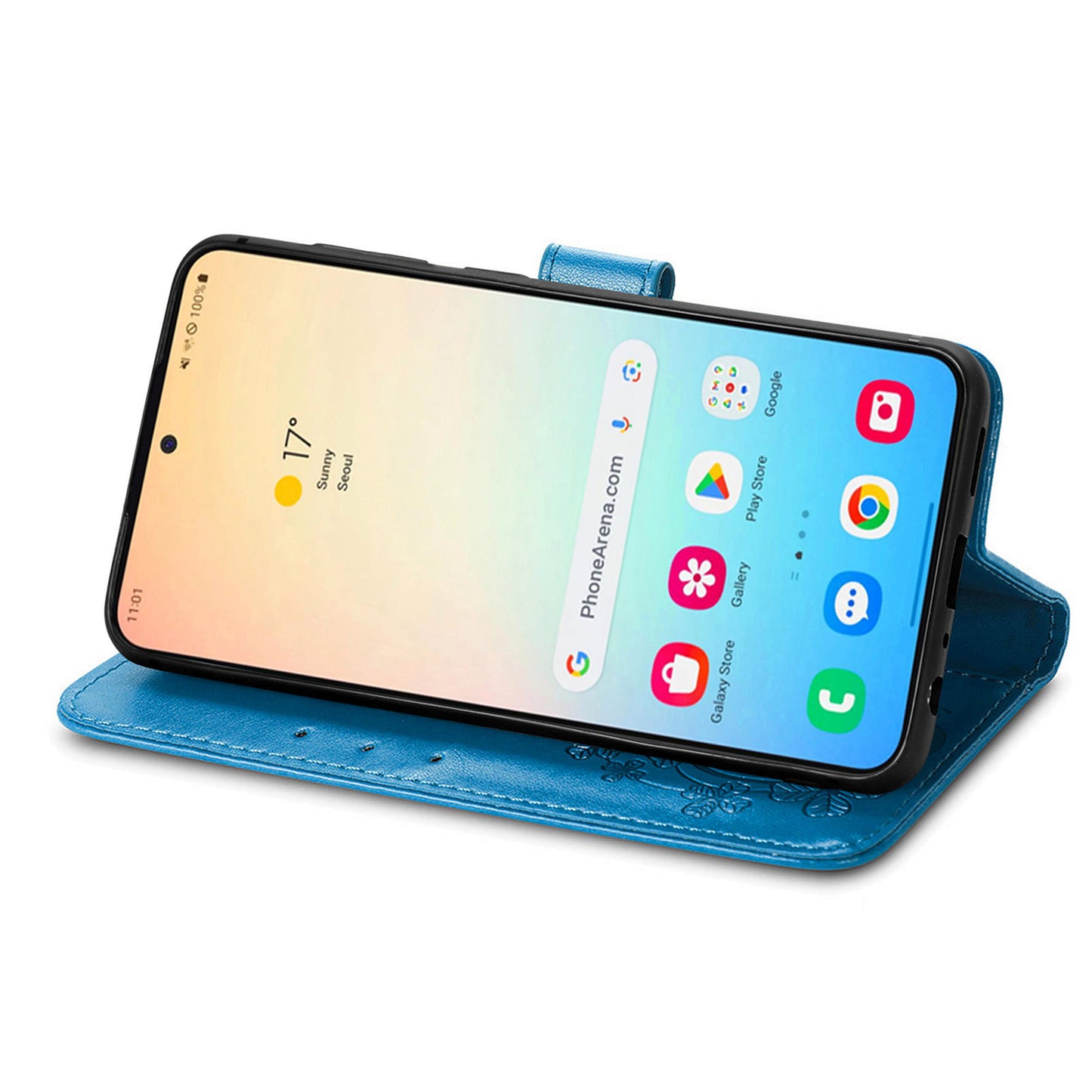 For Samsung Galaxy S24 Case Four-leaf Clover Pattern Leather Phone Cover Wallet - Blue