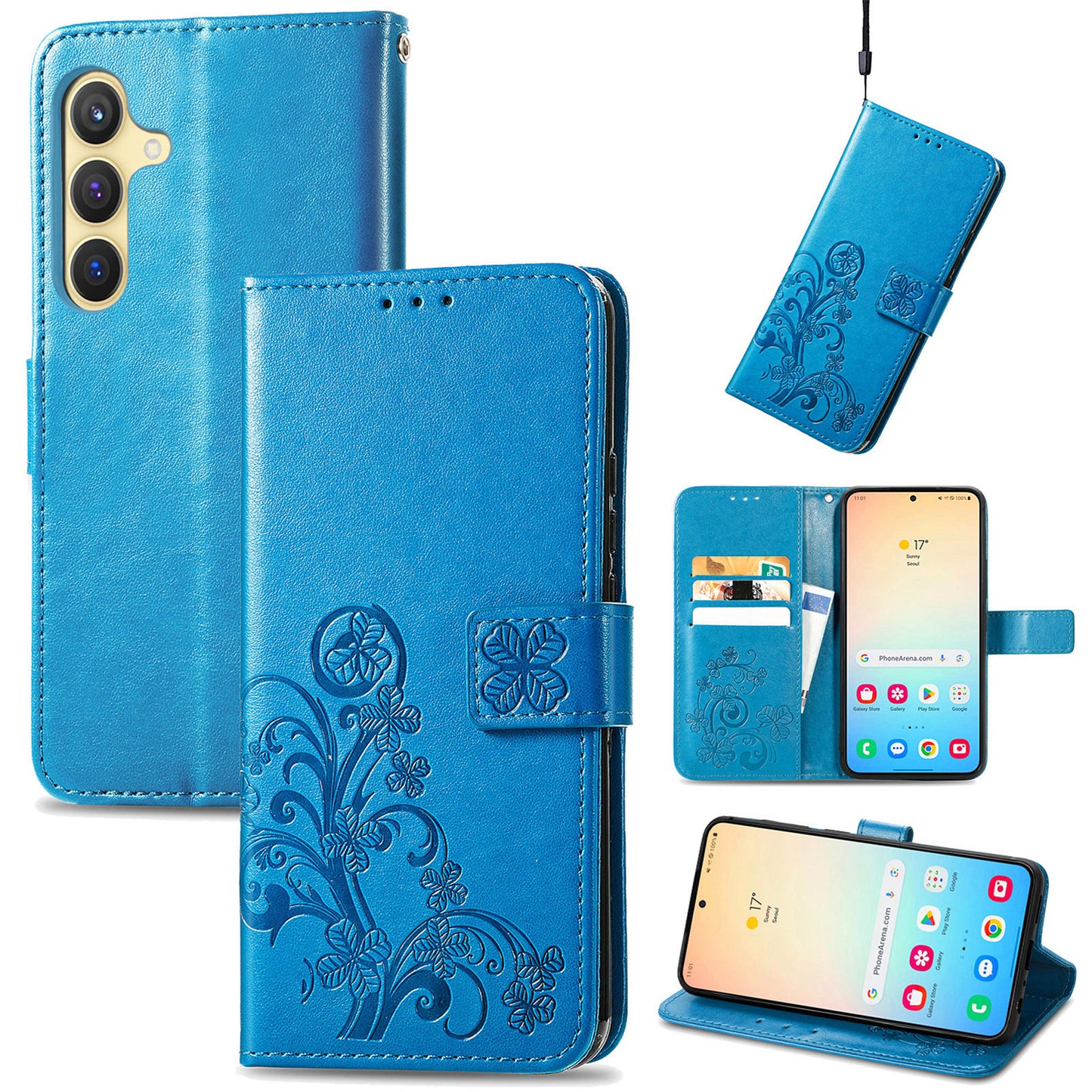 For Samsung Galaxy S24 Case Four-leaf Clover Pattern Leather Phone Cover Wallet - Blue