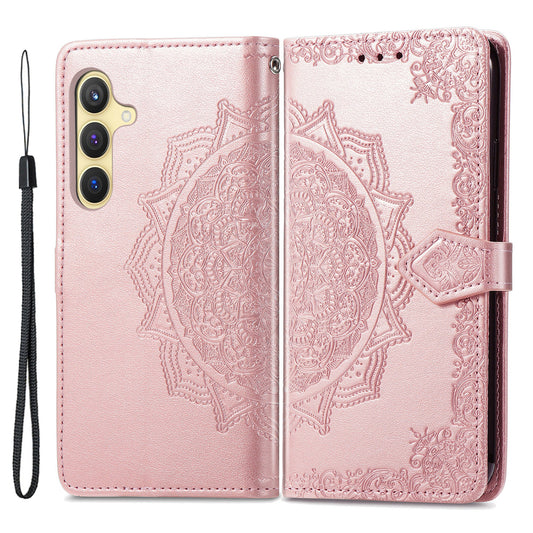 For Samsung Galaxy S24 Phone Case PU Leather Embossed Mandala Wallet Cover - Rose Gold