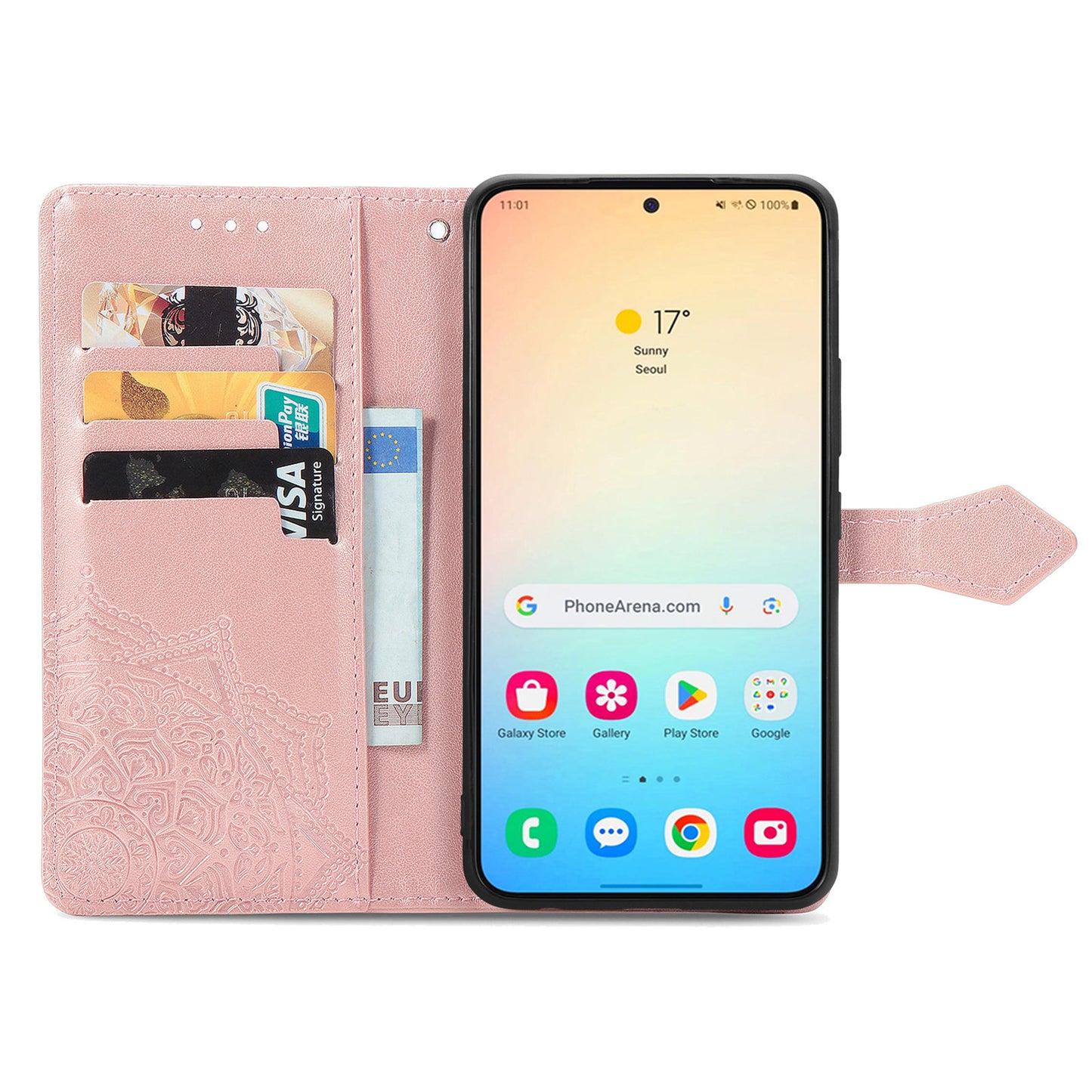 For Samsung Galaxy S24 Phone Case PU Leather Embossed Mandala Wallet Cover - Rose Gold