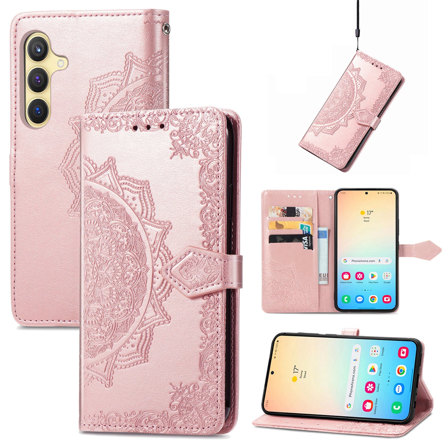 For Samsung Galaxy S24 Phone Case PU Leather Embossed Mandala Wallet Cover - Rose Gold