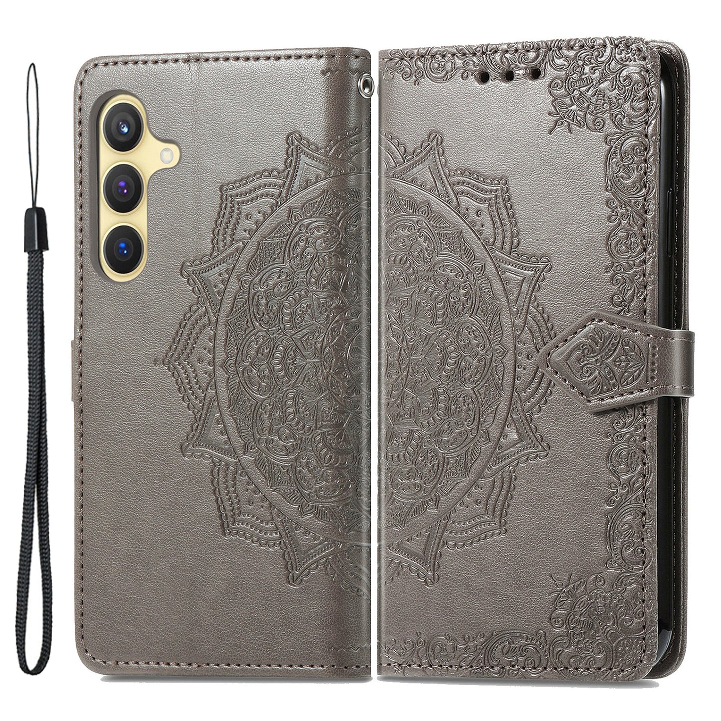 For Samsung Galaxy S24 Phone Case PU Leather Embossed Mandala Wallet Cover - Grey