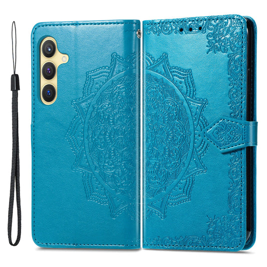 For Samsung Galaxy S24 Phone Case PU Leather Embossed Mandala Wallet Cover - Blue