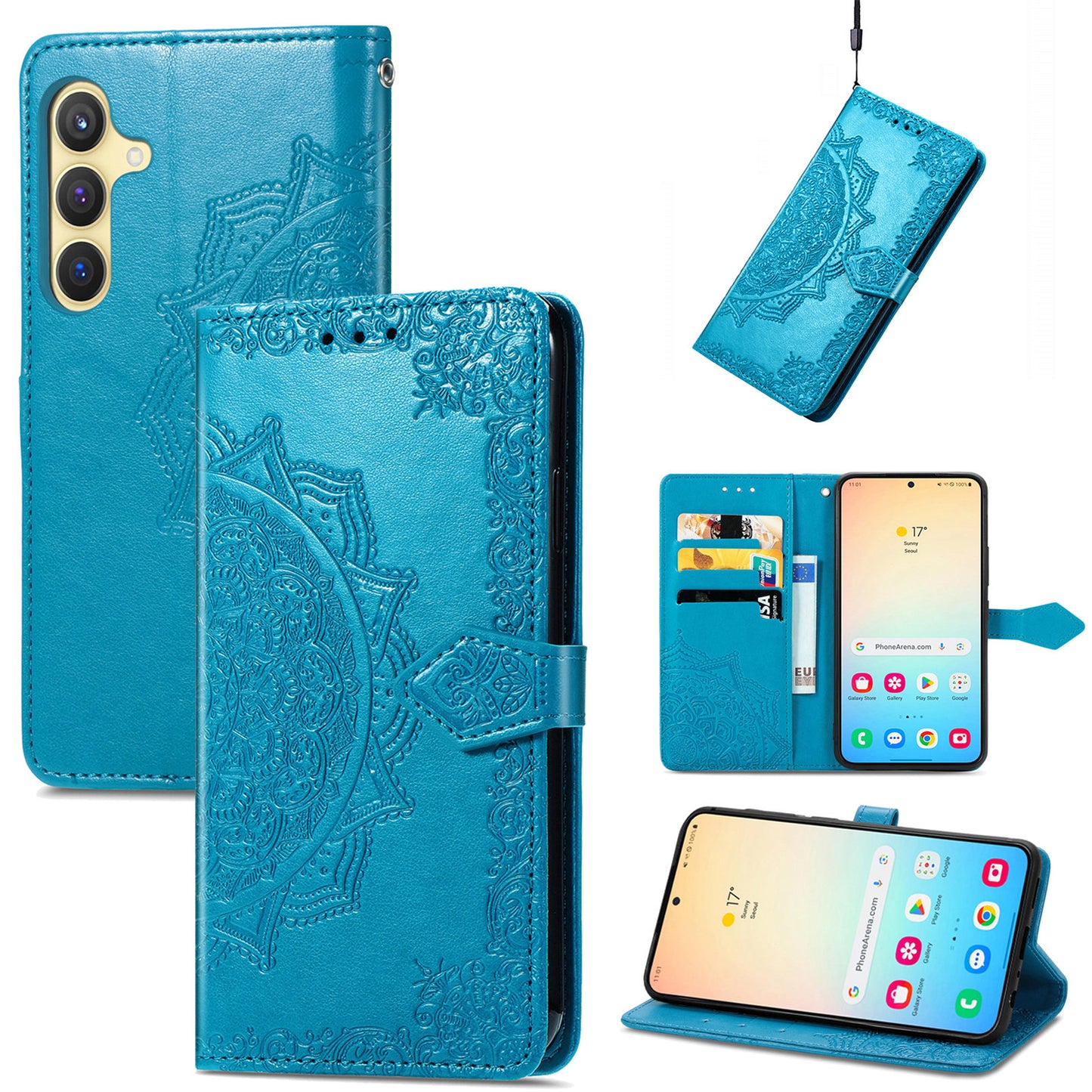For Samsung Galaxy S24 Phone Case PU Leather Embossed Mandala Wallet Cover - Blue