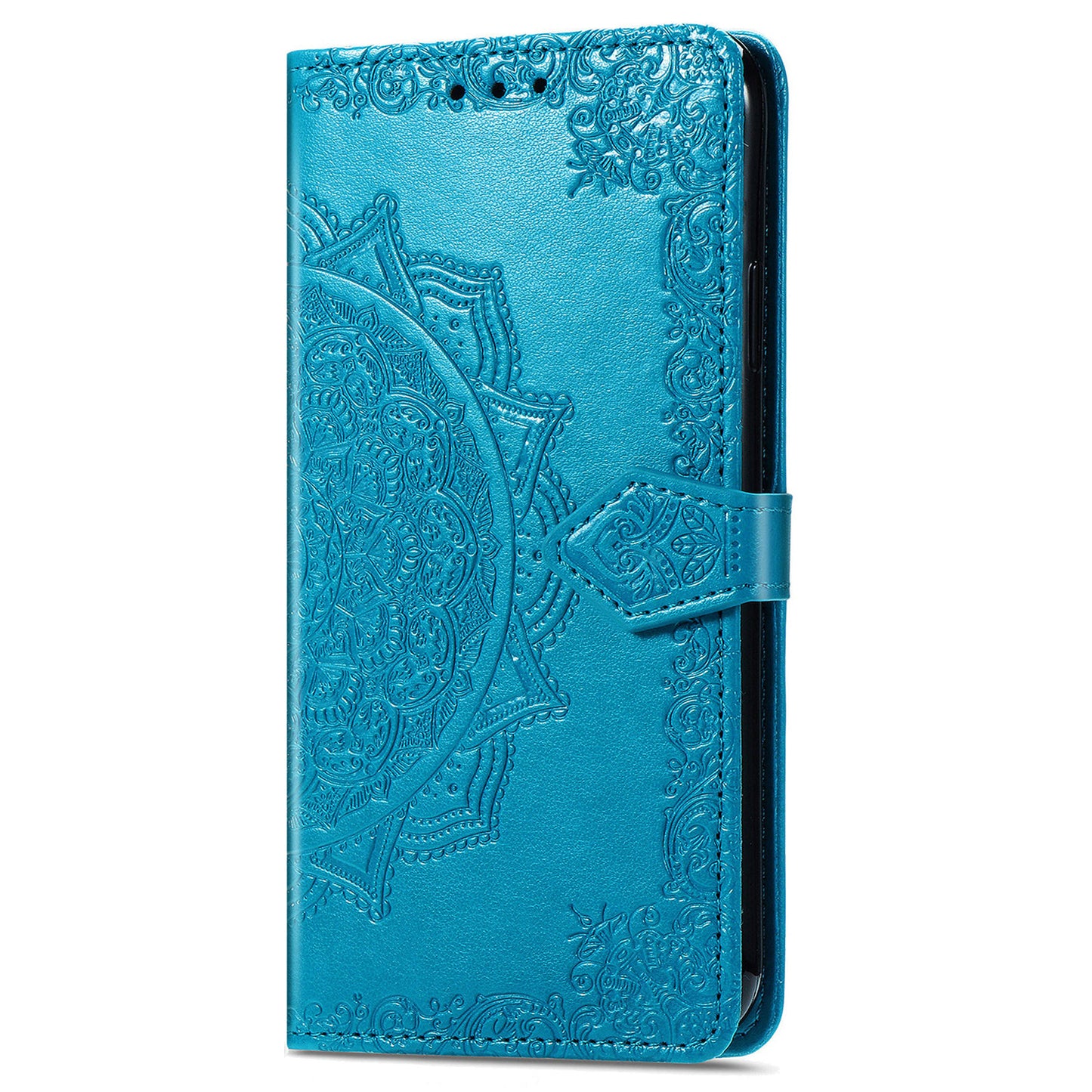 For Samsung Galaxy S24 Phone Case PU Leather Embossed Mandala Wallet Cover - Blue
