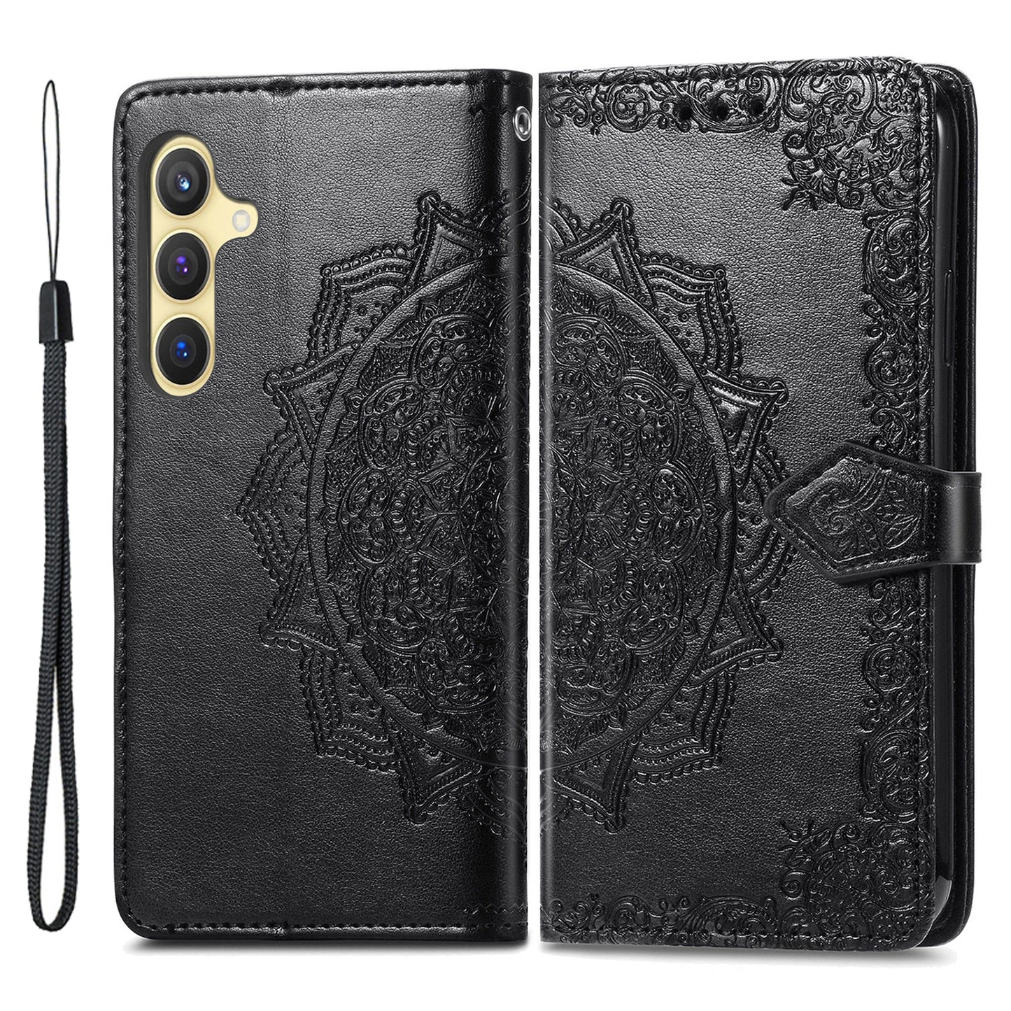 For Samsung Galaxy S24 Phone Case PU Leather Embossed Mandala Wallet Cover - Black