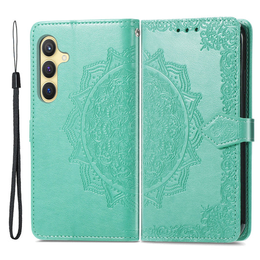 For Samsung Galaxy S24 Phone Case PU Leather Embossed Mandala Wallet Cover - Green